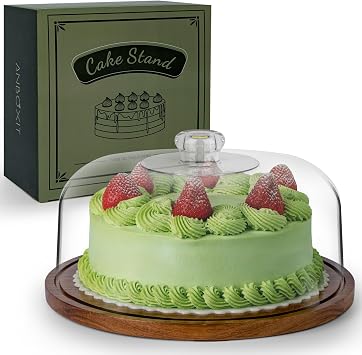 ANBOXIT Cake Stand with Dome Lid, Acacia Wood Cake Plate with Cover, Wooden Cake Display Stand with Acrylic Dome  Flat