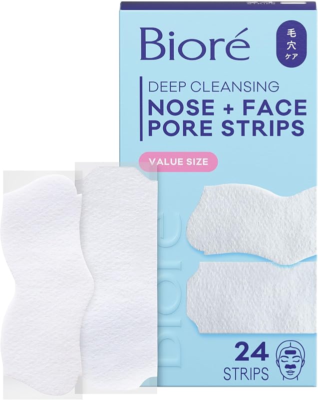 Biore Blackhead Remover Pore Strips, Deep Cleansing, Nose & Face, 24 ct | Value Pack, Nose, Chin & Forehead Use, Unclogs Pores Instantly, Oil-Free, Non-Comedogenic, Oily Skin, Skincare