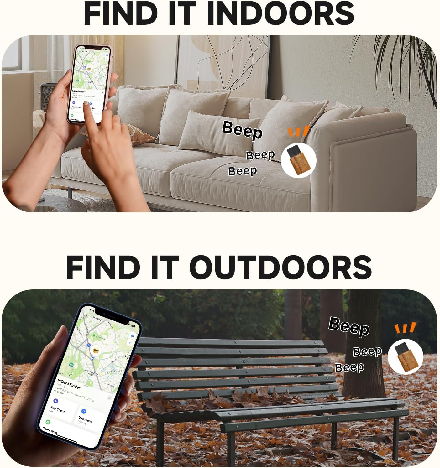 Illustrations of finding the InCard Wallet Tracker indoors and outdoors using a smartphone and sound alerts