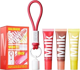 Milk Makeup 3-Pack Balmade Hydrating Lip Balm Gift Set – Sheer-Tinted, High Shine Glosses for Visibly Plumper Lips + Exclusive Keychain – Full Size Electron (Clear), Pump (Warm Beige) + Core (Red)