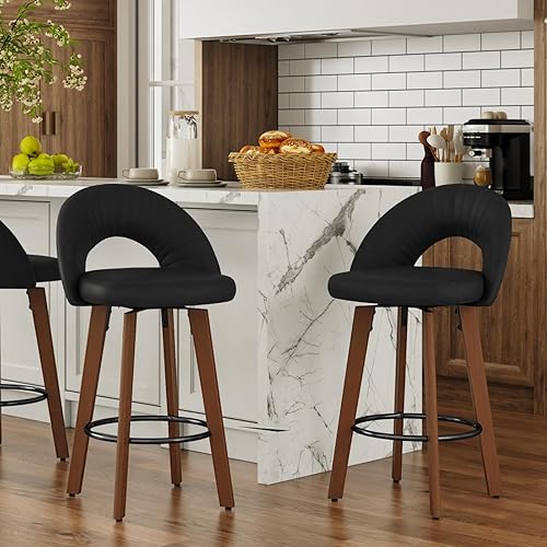 Miniatura 4 de Juego de 2 taburetes de bar giratorios de altura de mostrador con patas de madera curvada, reposapiés de metal, modernos de mediados de siglo