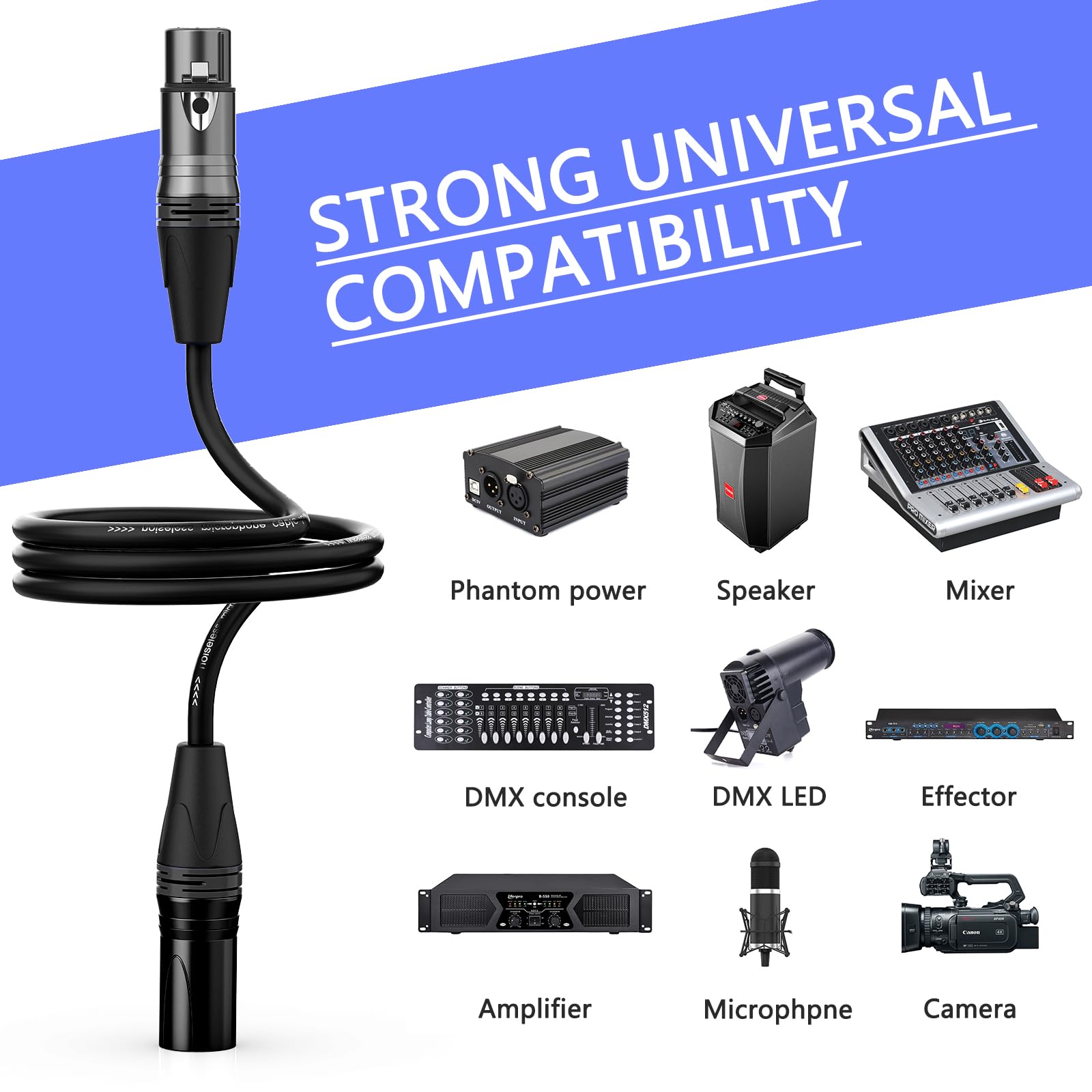 XLR Cables 7,6 m, professionelles XLR-Mikrofonkabel, Stecker auf Buchse, vergoldetes 3-poliges XLR-Lautsprecherkabel, symmetrisches Mikrofonkabel, schwarz, 6 Stück