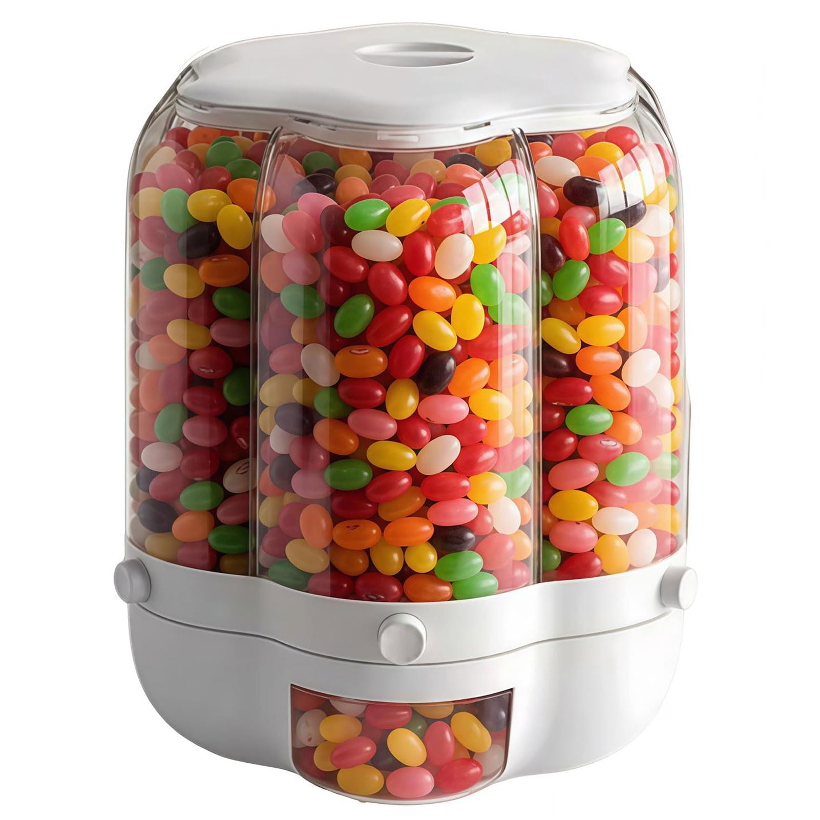 Dispenser per caramelle con 6 scomparti, girevole a 360°, divertente contenitore a pressione per noci, riso, cereali, snack e caramelle