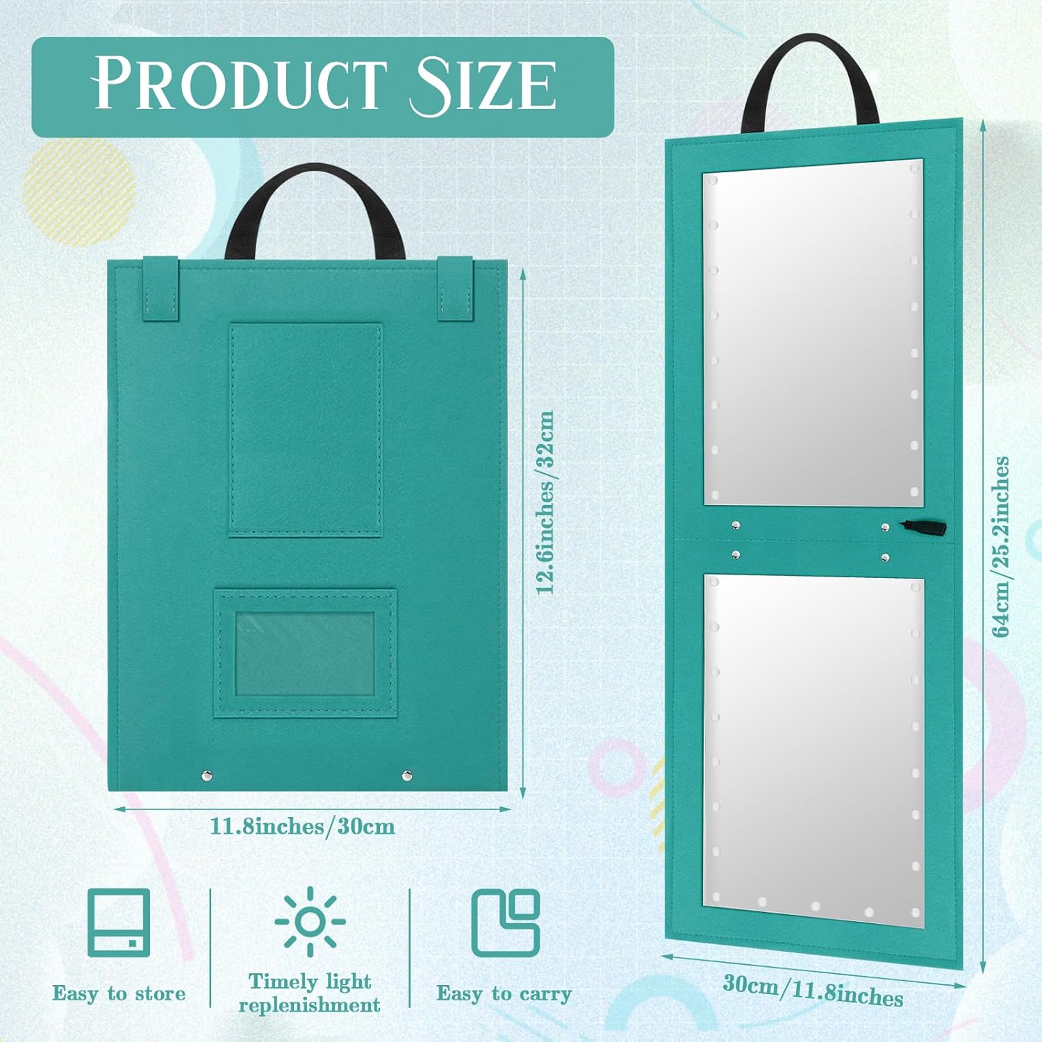 1 Pack Foldable Full Length Travel Mirror with Full Light 25.2x11.8 Inch Foldable Hanging Backstage Mirror LED Double Side Lights for Travel Camping Dance Competition Home Fitness Gift(Green)