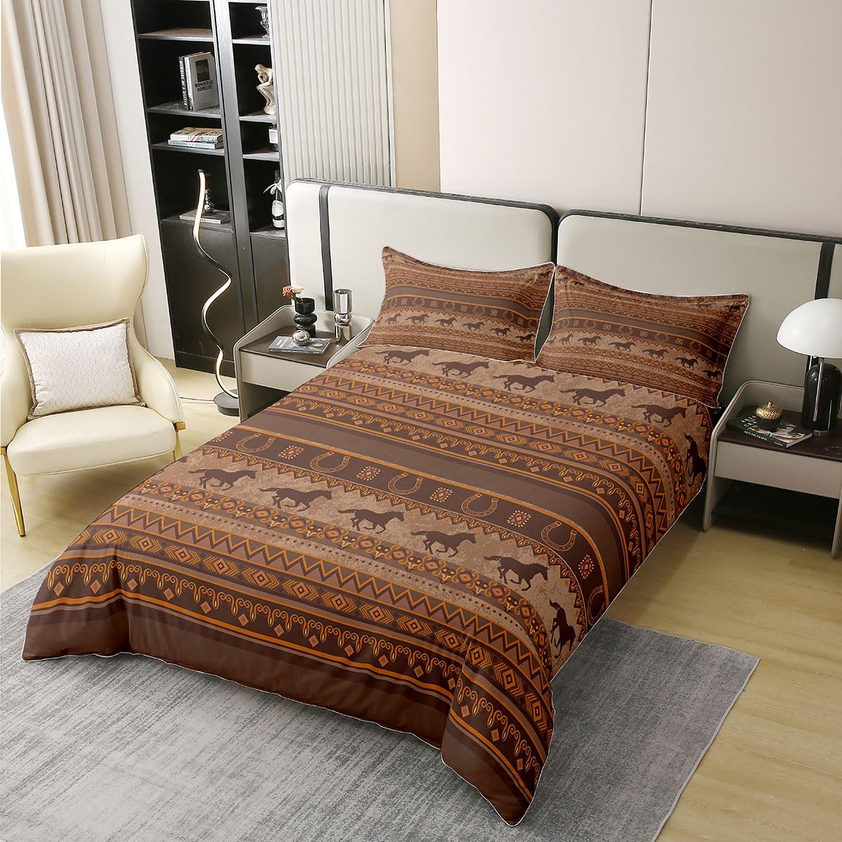 Homewish Southwestern - Juego de ropa de cama tamaño Super King con 2 fundas de almohada, de algodón, diseño de vaquero occidental, terracota, caballo, herradura, tribal azteca