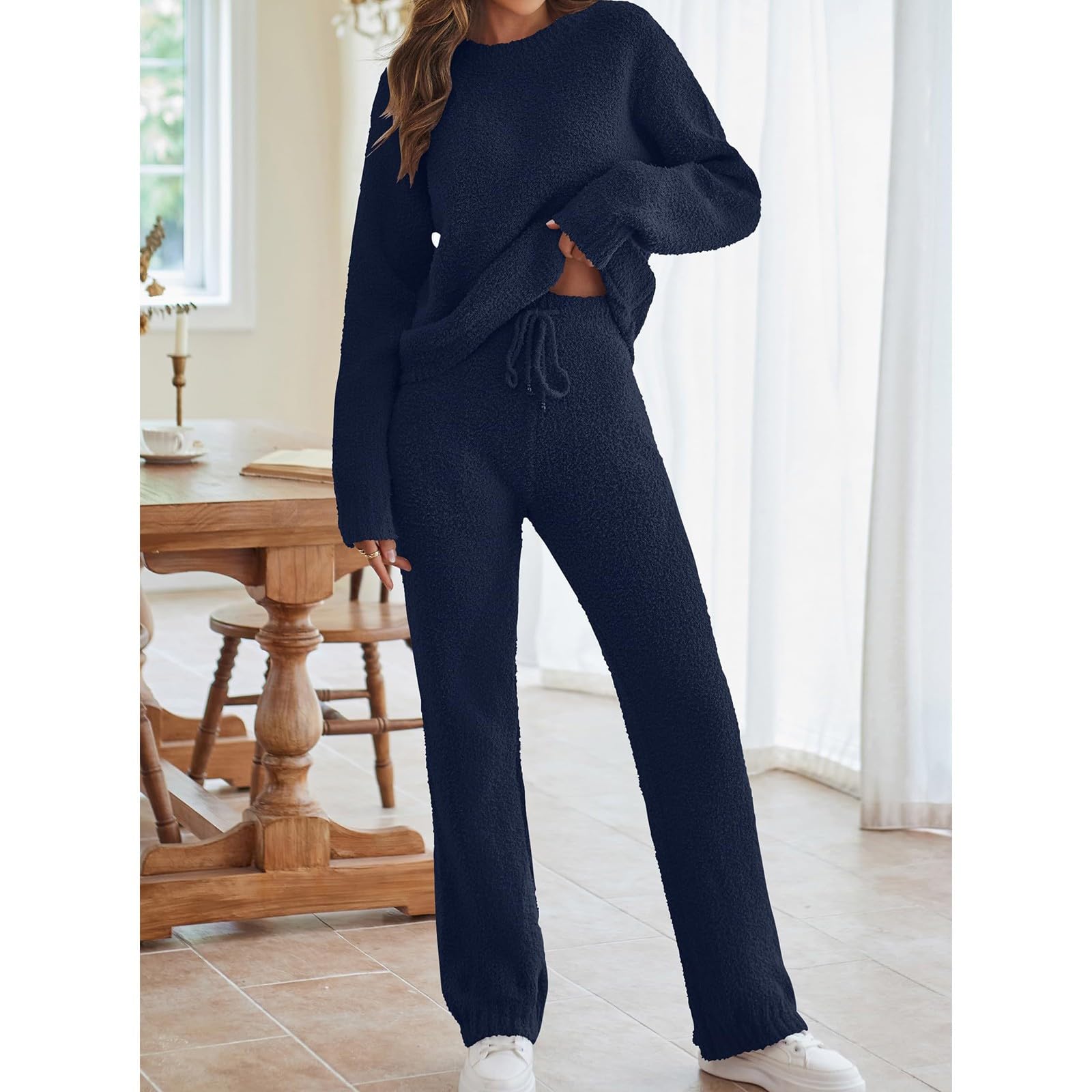 Tuta Donna Eleganti 2 Pezzi Completi Da Ginnastica Manica Lunga Girocollo Tuta Palestra Completo Sportiva Elegante Set Top E Pantaloni a Gamba Larga Tute Per Jogging Fitness Yoga Autunnale Invernale