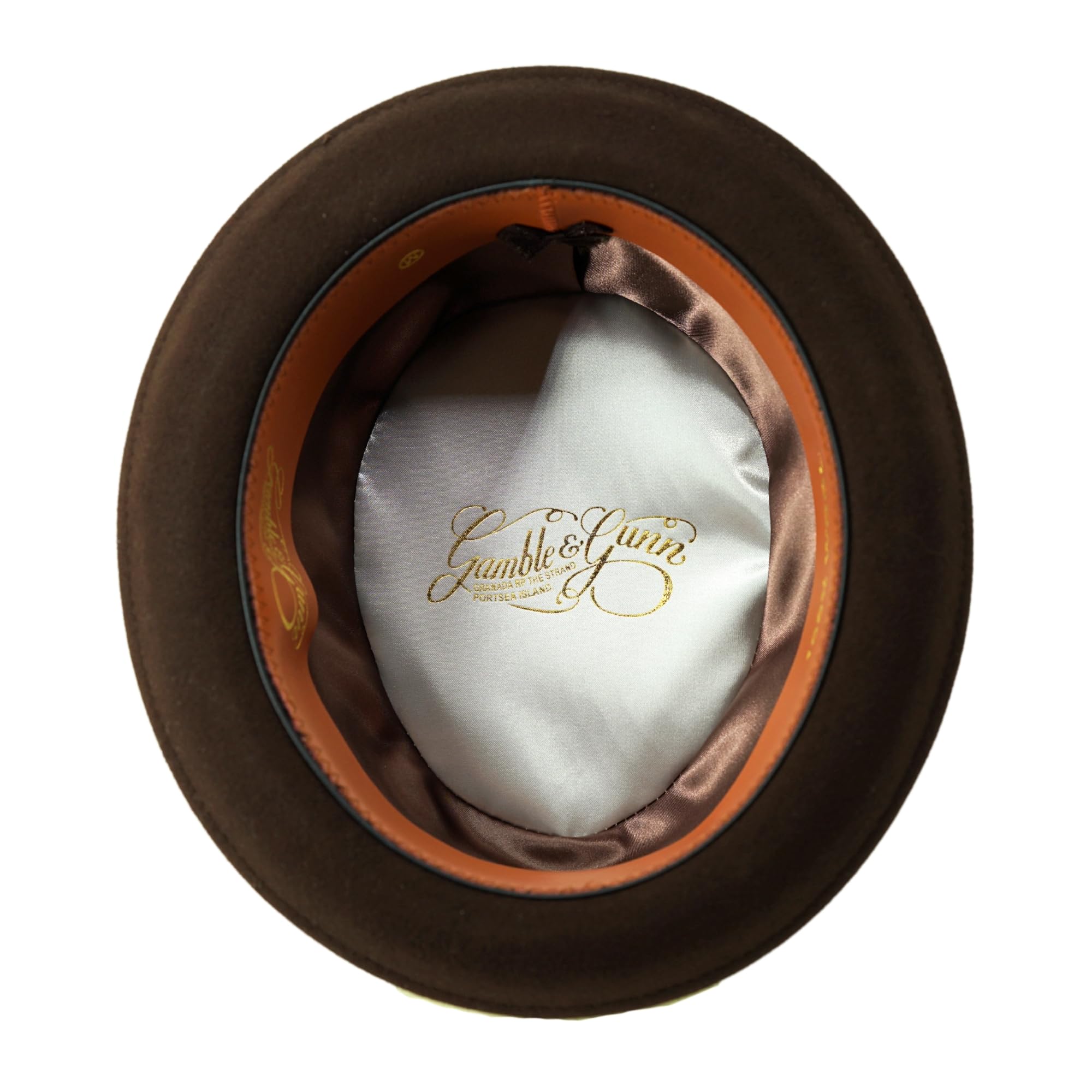 Gamble & Gunn New Orleans II Pork Pie Chapeau pour homme et femme – Chapeau couronne en feutre de laine marron avec doublure en satin, bandeau en cuir, accents de plumes