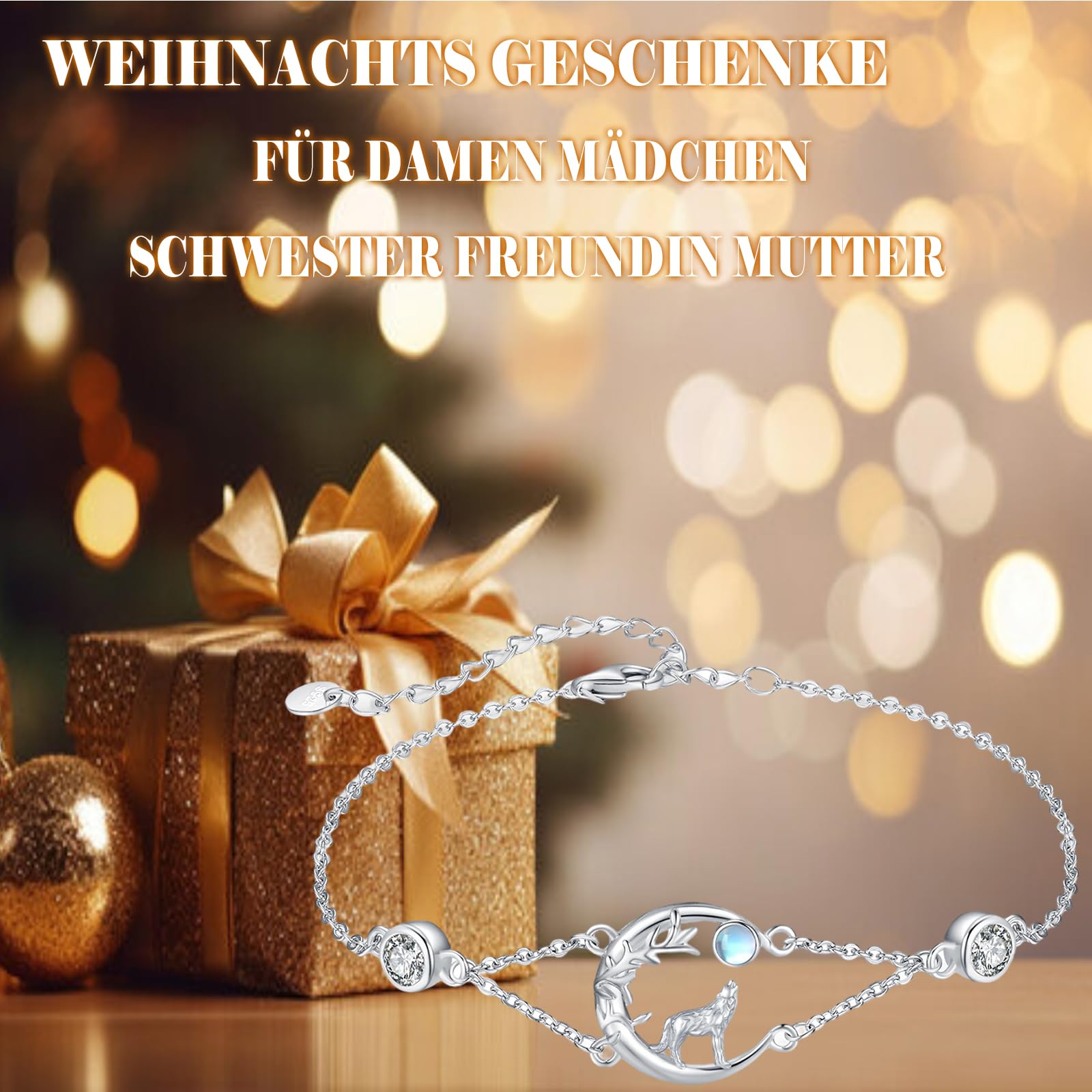 Wolf Armband Damen Sterling Silber Keltische Mondstein Armband Tier Verstellbar Armband Schmuck Geschenk für Mädchen