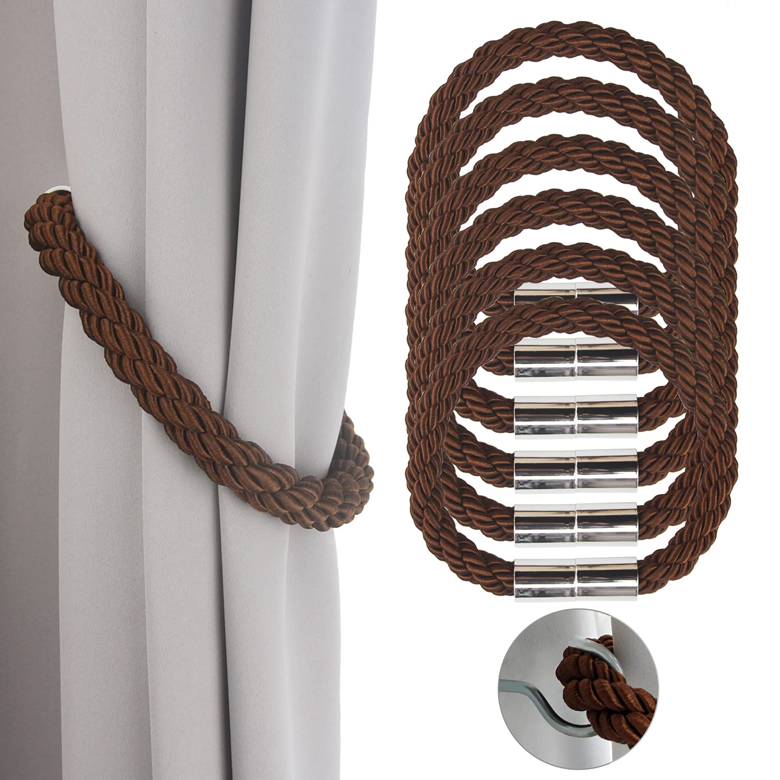 Lot de 6 embrasses de rideaux magnétiques solides - 50 cm - Pour rideaux fins ou épais avec crochets en métal - Légèrement lourdes