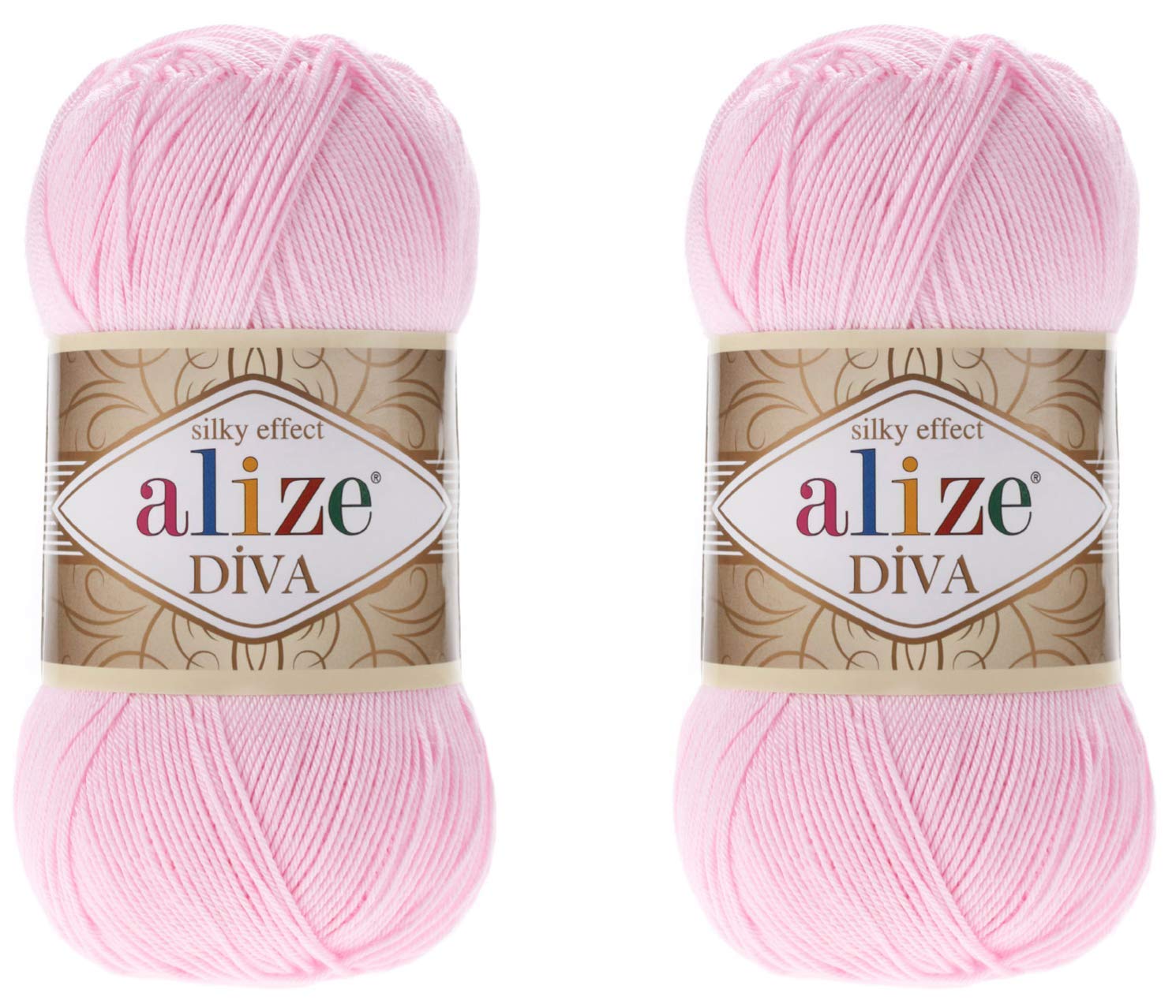 Alize Diva Yarn Hand Knitting Yarn 100% Microfiber Acrylic Yarn Alize Diva Silk Effect Thread Crochet Art Lace Craft Lot of 2 skeins 200gr 767 yds (185-Baby Pink)
