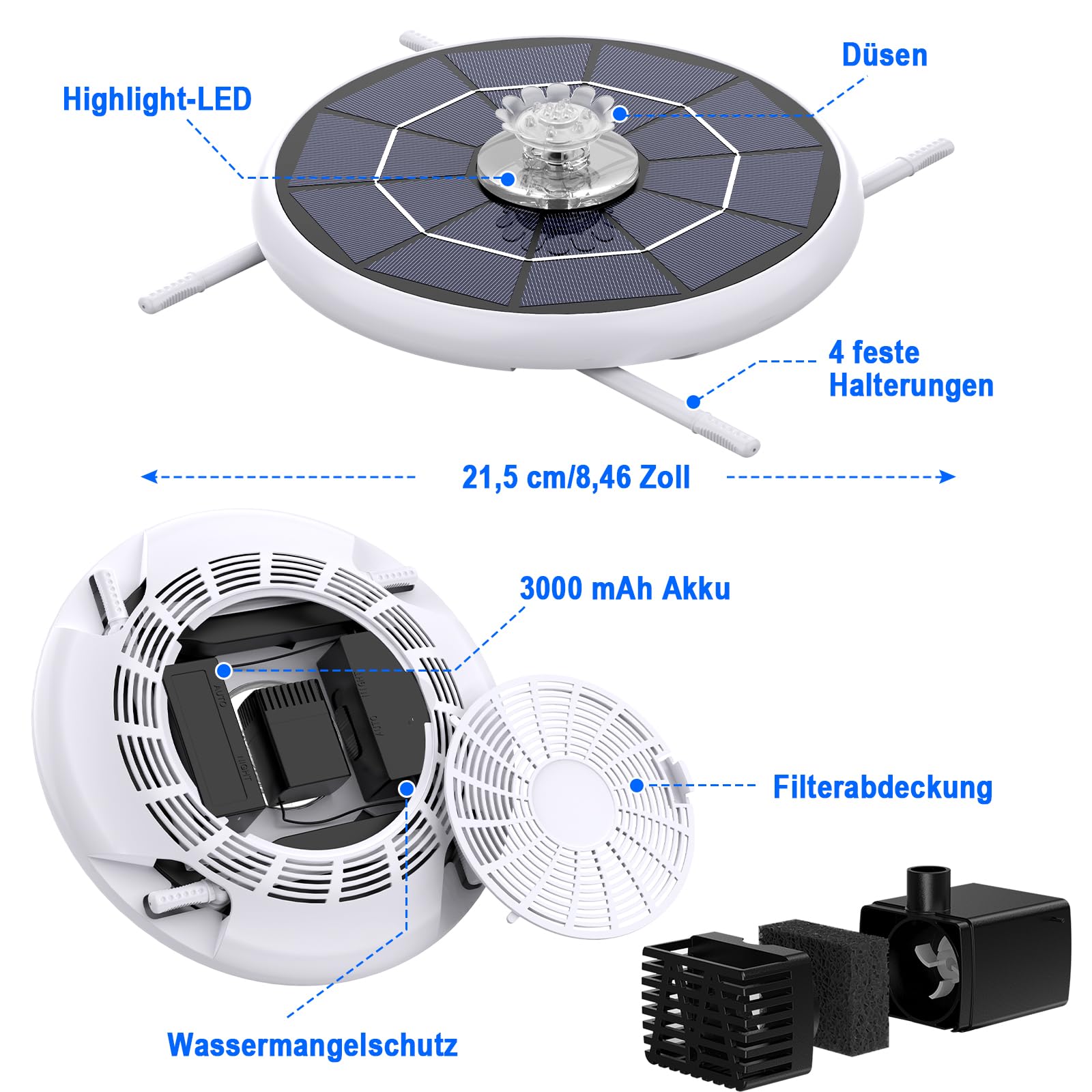 AISITIN 6,5W LED Solarbrunnen für Draussen Verbessert mit 3300mAh Akku, Solar Schwimmender Fontäne Pumpe mit Verschiedene Sprüh Effekten,mit Lichtleiste, Solar Springbrunnen für Außen für Garten,Teich