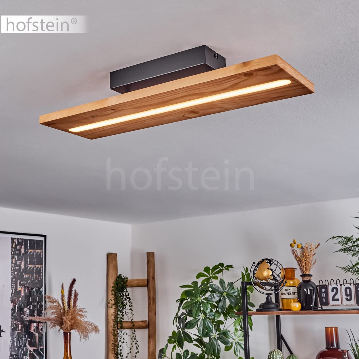 hofstein Lámpara de techo LED Adak, lámpara de techo regulable de metal/madera/plástico en negro/naturaleza/blanco, Lámpara con pantalla de madera, LED 15,5 vatios, 1750 lumen, 3000 K