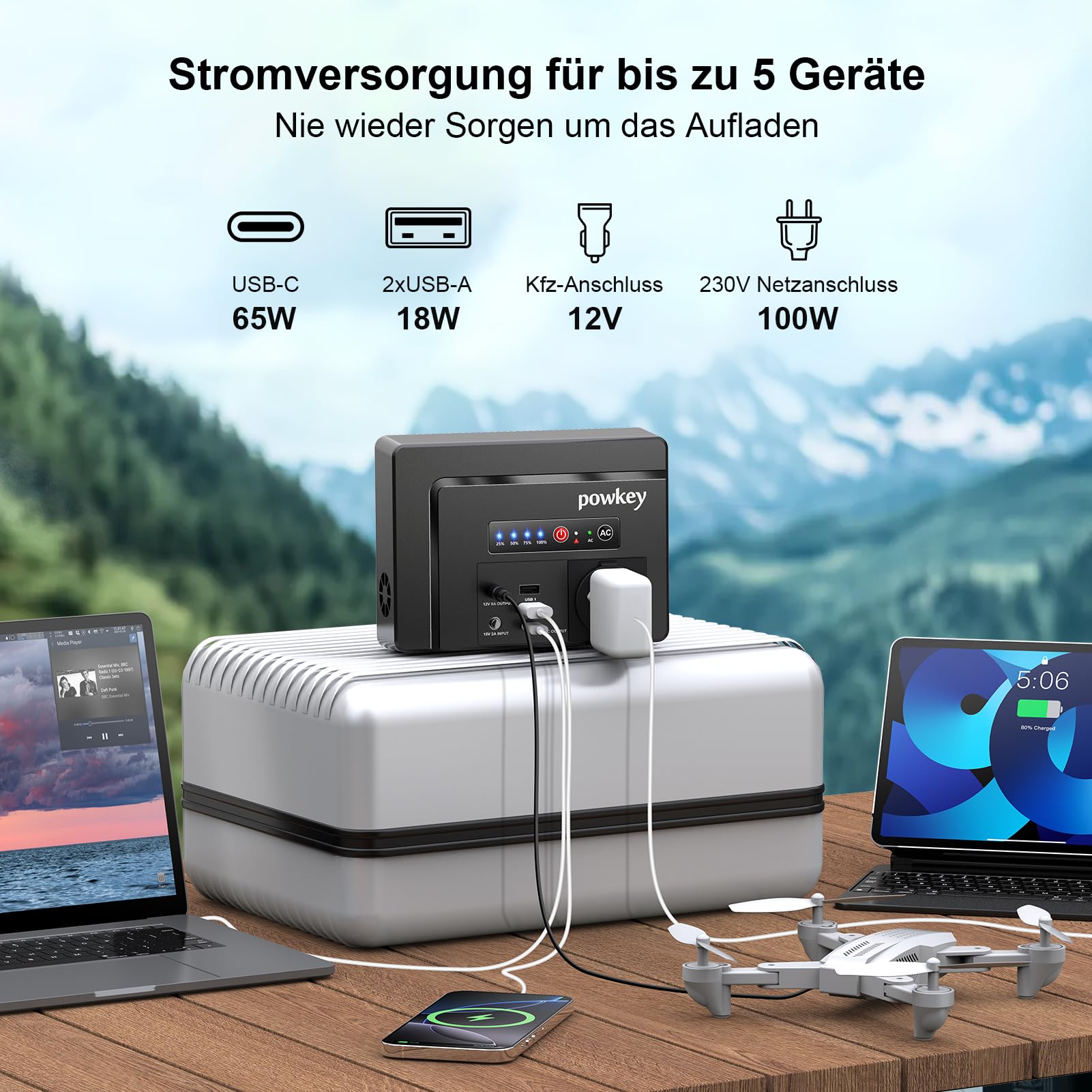 Powkey Tragbare Powerstation 26400mAh /230V AC 100W /65W USB-C Camping | 97.68Wh Powerbank Steckdose 12V 8A DC Externer Akku Für Tablet & Handy