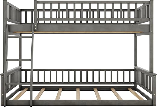 Full XL Over Queen Size Bunk Bed with Ladder and Guardrails, Detachable Wood Bunk Bed Frame with Headboard, Space Saving, Kids Boys Girls Adults, Gray