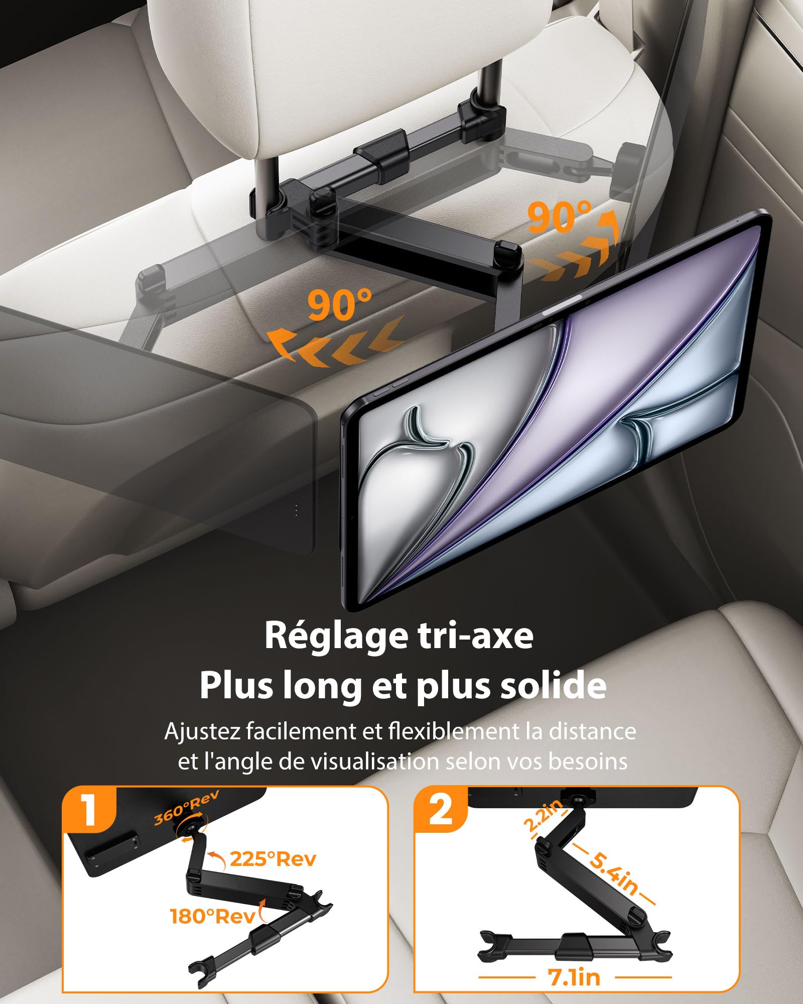 KU XIU Chargement sans Fil Magnétique Support Tablette Appui-tête pour iPad Pro 12.9/Air 13 M2/M3, Support Tablette Long Bras pour Siège Arrière Enfants, pour iPad Pro 12.9'' 3rd/4th/5th/6th