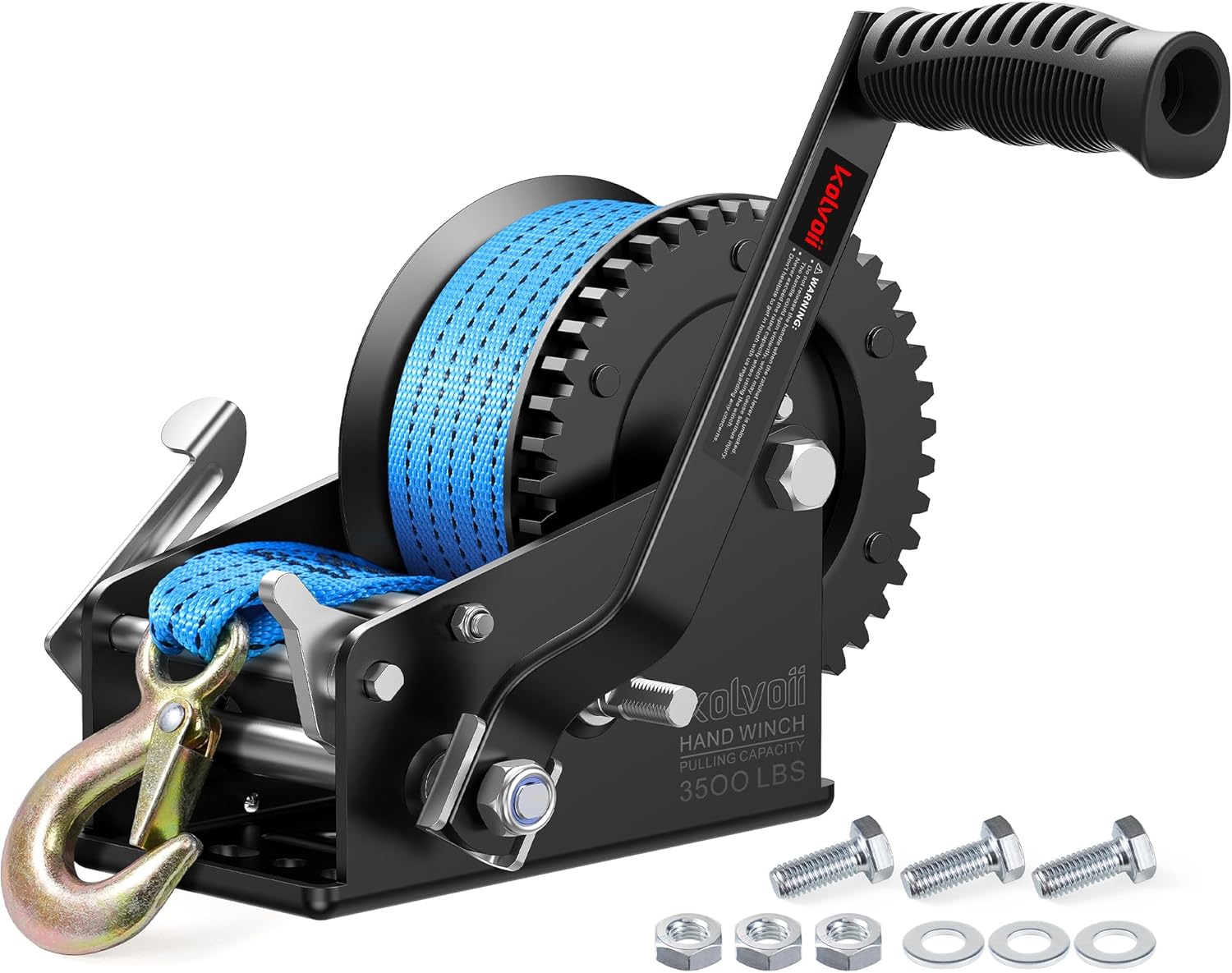 Kolvoii 3500 lbs Boat Trailer Winch with Strap, Heavy Duty Hand Winch, 2-Way Ratchet 4:1/8:1 Gear Ratio for Boat, Trailer, Marine and Jet Ski, 33FT Strap, Blue