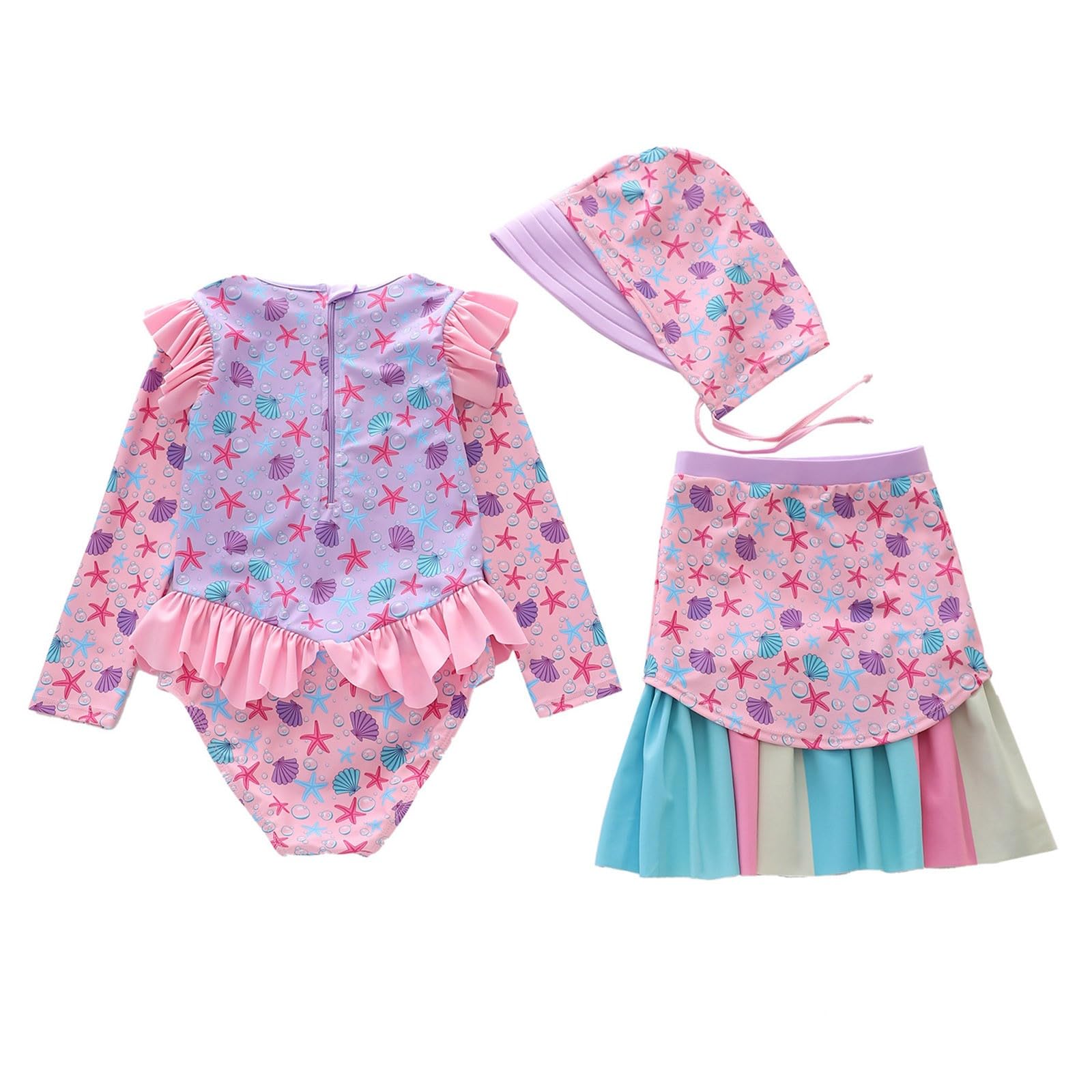 Generisch Bañador para niña de manga larga con estampado de escamas, dobladillo con volante y parte superior a juego