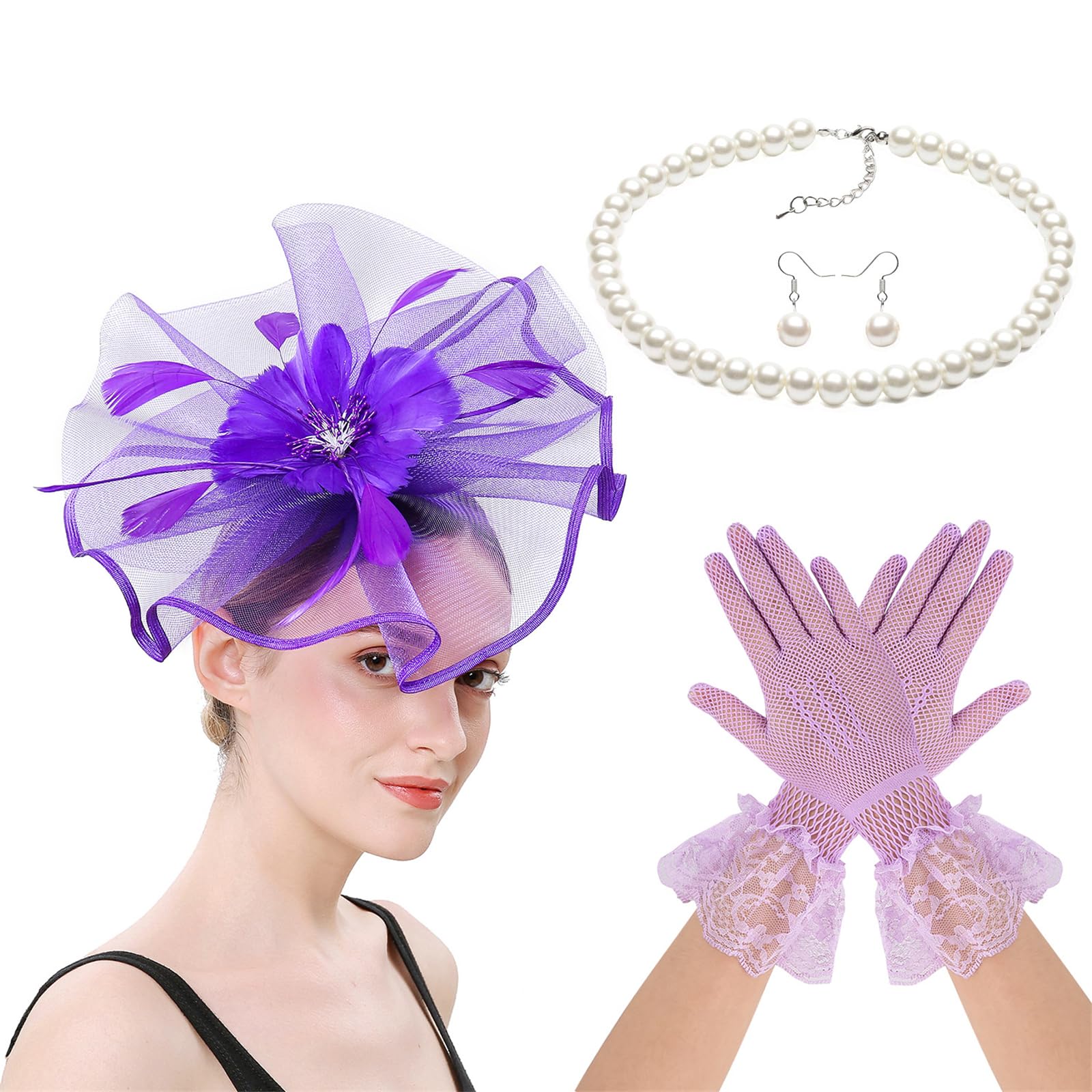 YUXITA Lace Feathered Flower Fascinator Headwear Necklace Gloves Set for Women Horse Racing Festival Headpiece Hair Accessories