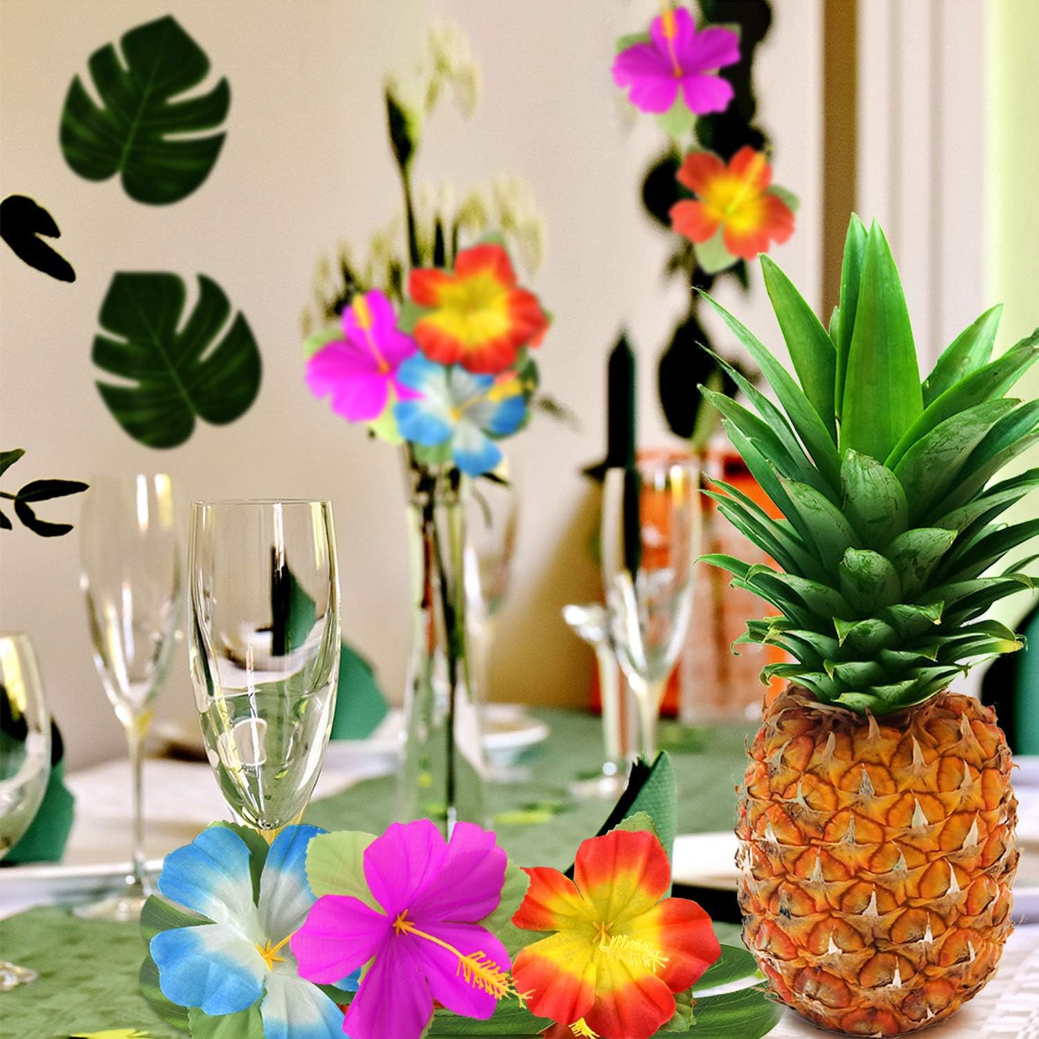 KUUQA 60 Pcs Wrinkle Prevention Flowers and Tropical Leaves for Tropical Party Decorations Supplies, Artificial Hibiscus Flowers Tropical Palm Leaves for Hawaiian Safari BBQ Luau Party Decorations