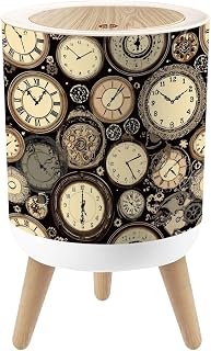 JBNJANKDAV Small Trash Can with Lid Vintage Clock Old Retro Watches Seamless Fast time Round Press Top Garbage Can with Legs Trash Bin Waste Basket for Kitchen Bedroom Bathroom 7L/1.8 Gallon