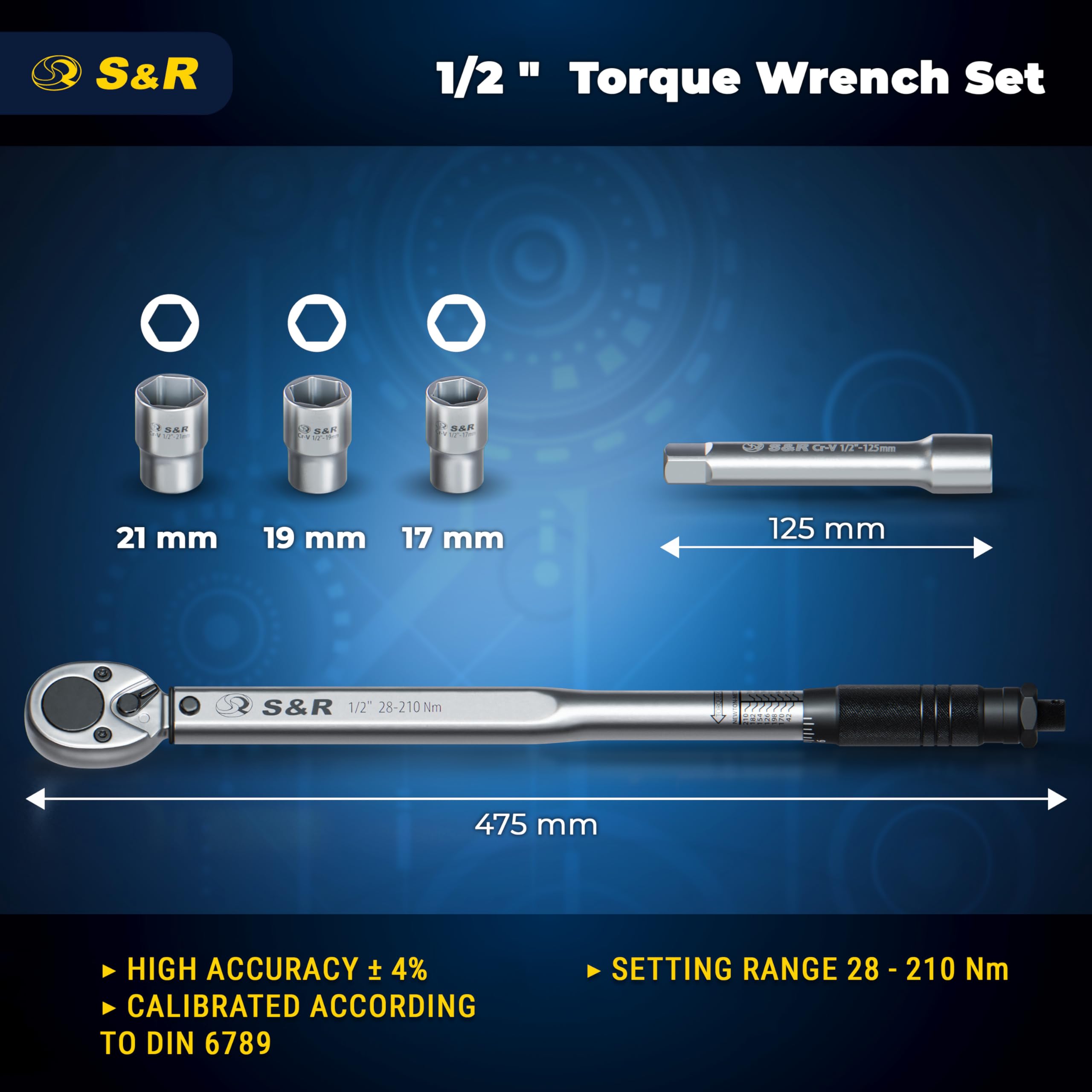 S&R Klucz dynamometryczny 28-210 Nm ZESTAW: 1/2' klucz dynamometryczny 475 mm z 1/2' przedłużką 125 mm i 3 nasadkami 17mm, 19mm, 21mm ; Odporny na uszkodzenia klucz do opon nasadki nakrętki