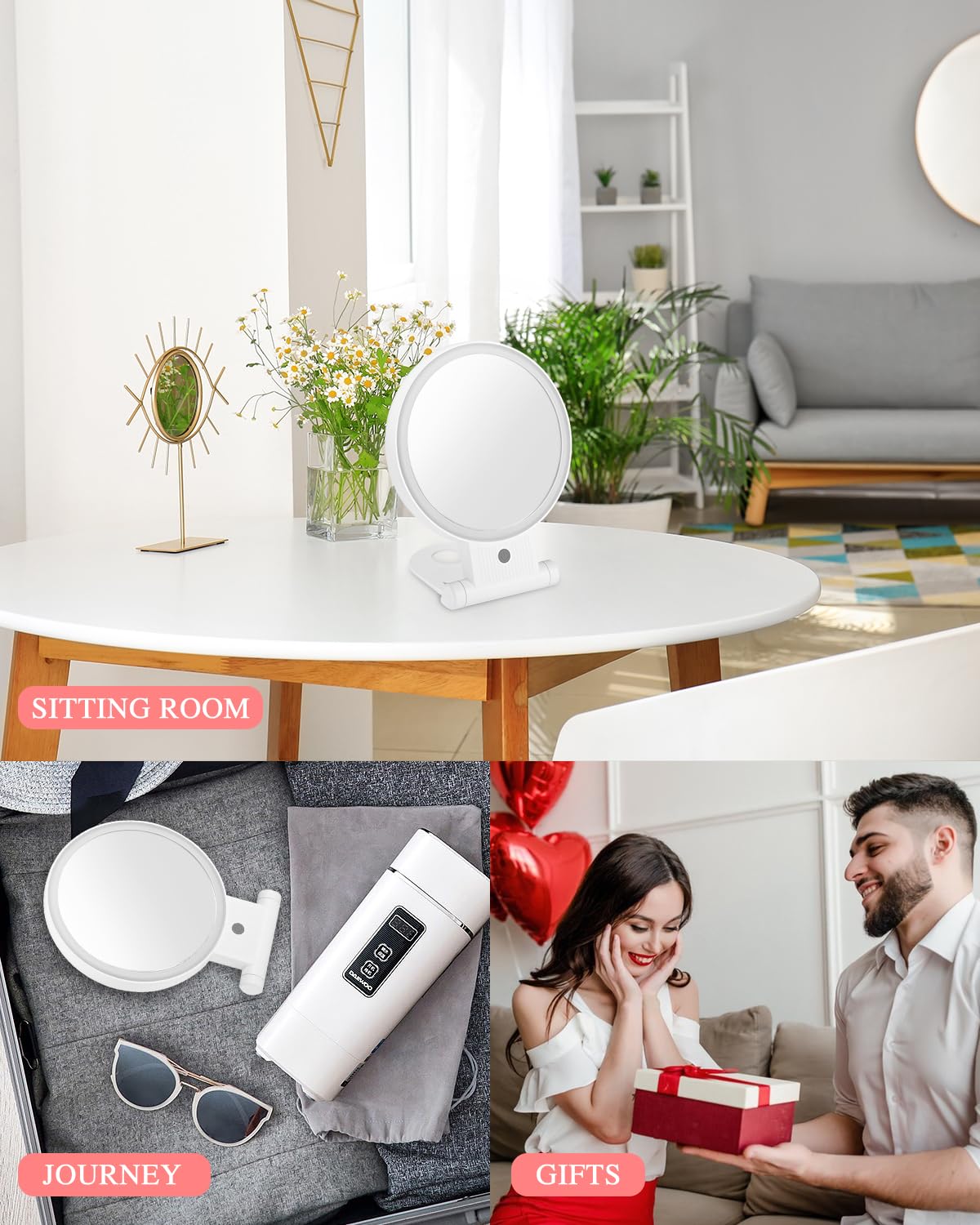 LEAZZLE Specchio Ingranditore 30X Specchio Trucco,Specchio Trucco con Luci,Ricaricabile 3 Modalità Illuminazione,Specchio Ventosa 360° Girevole Portabile Luce avec sac de rangement,Girevole 360 gradi