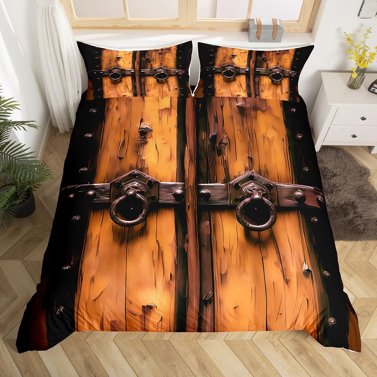 Loussiesd Retro Farmhouse Wooden Door Bedding Rural Brown Door Wood Grain Panel Duvet Cover Junior/Cot Bed Men and Women Retro Wooden Window Wooden Door Bedding Set — image 1