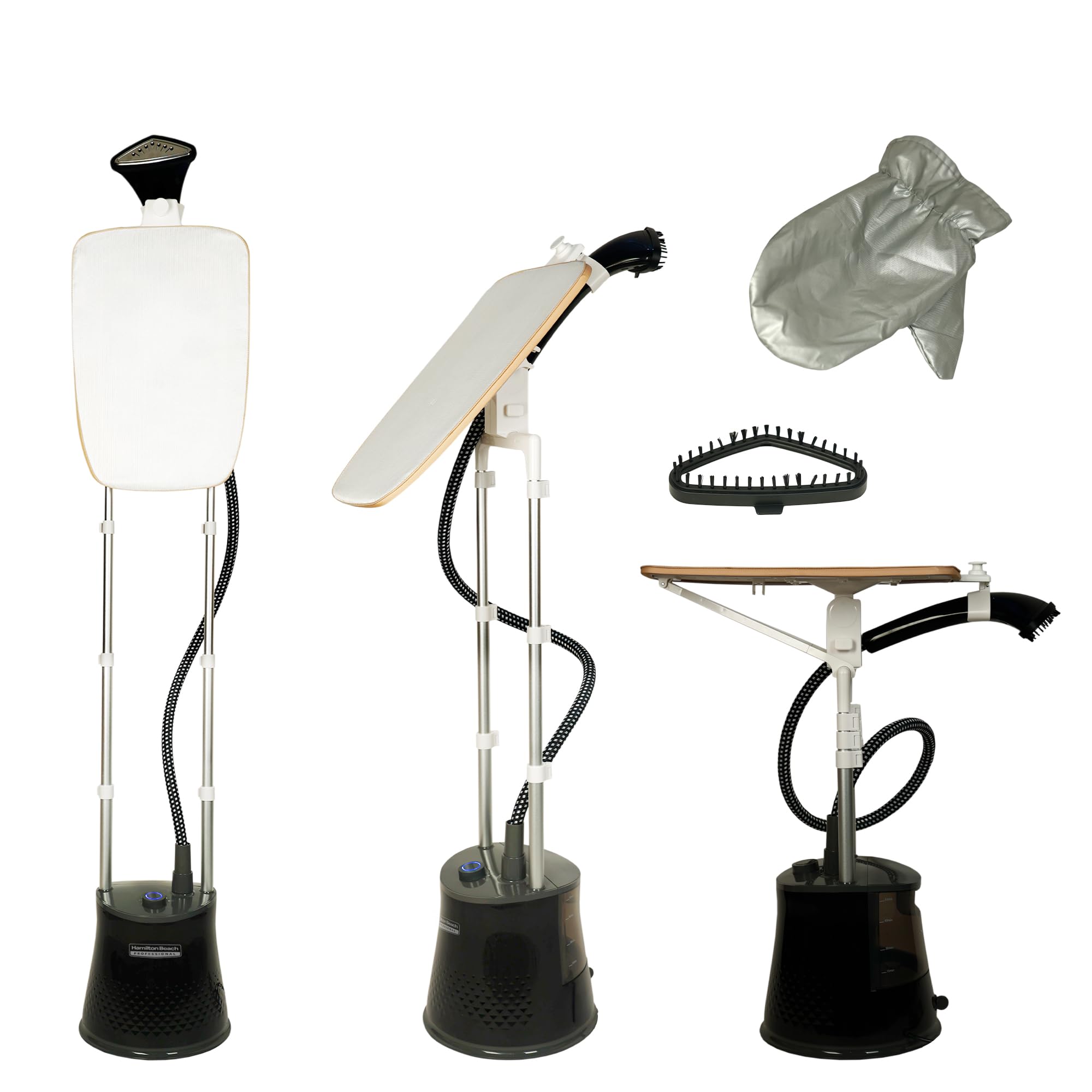 hamilton beach garment steamer with stand & ironing board, garment steamer for clothes, 45g/min steam output, 20s heat-up, 6 steam levels, standing iron steamer for clothes with press stand