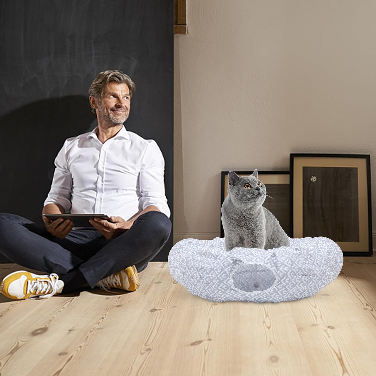 Abaodam Cat Tunnel Foldable Indoor Cat Tube Bed with Cushion for Kittens Interactive Play Tunnel Pet Supplies
