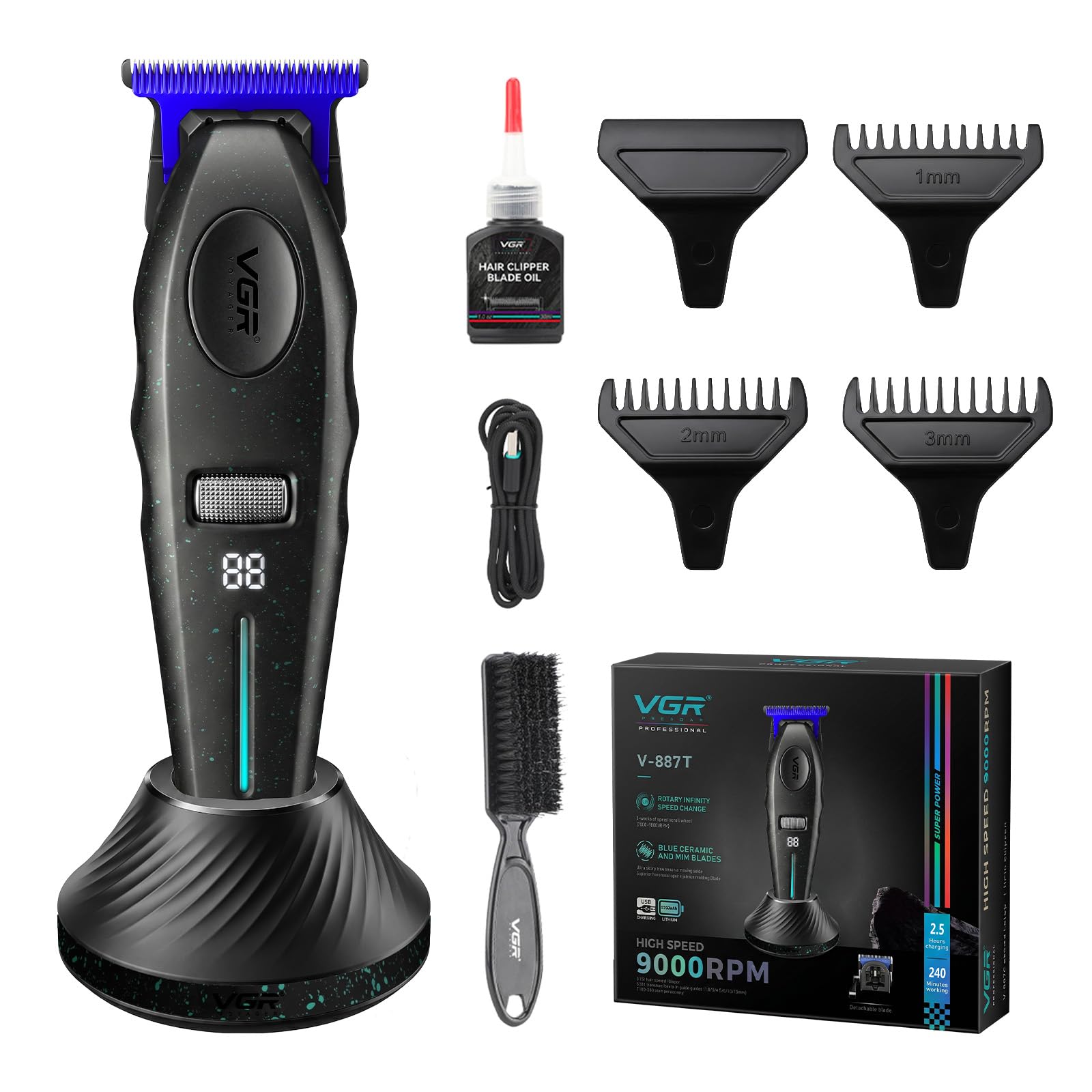 VGR 887T Máquina de Cortapelos Profesional, 6 Velocidades, 9000 RPM, Negro | Recortadora de Contornos 6 Niveles, Cuchilla de Cerámica Desmontable y Lavable para Hombre, Base de Carga