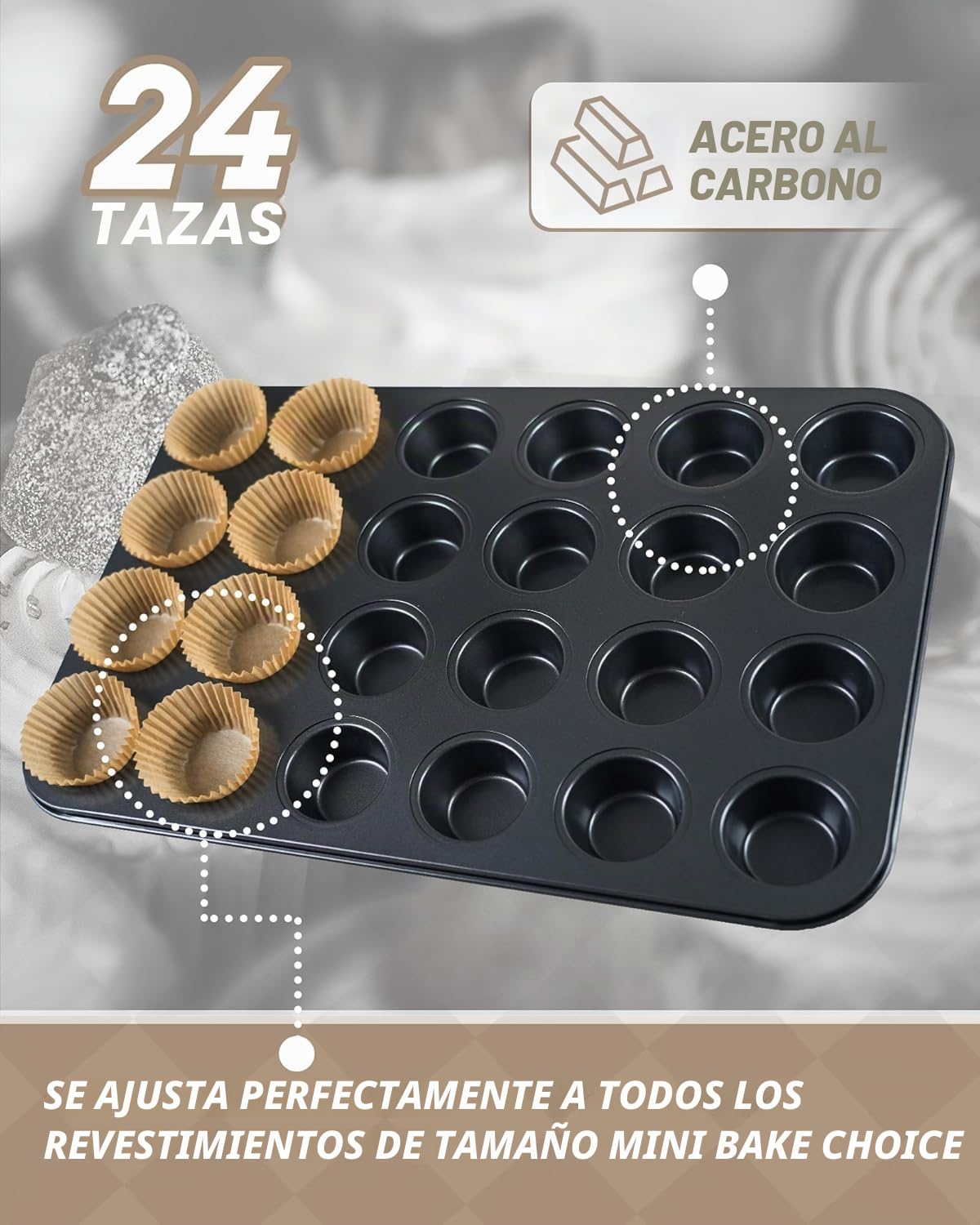 Bake Choice Mini Molde para Magdalenas 24 Tazas,Incluye 200 Piezas Mini Moldes Magdalenas Papel,acero al Carbono Antiadherente,para Fiestas & Hogar & Hornear