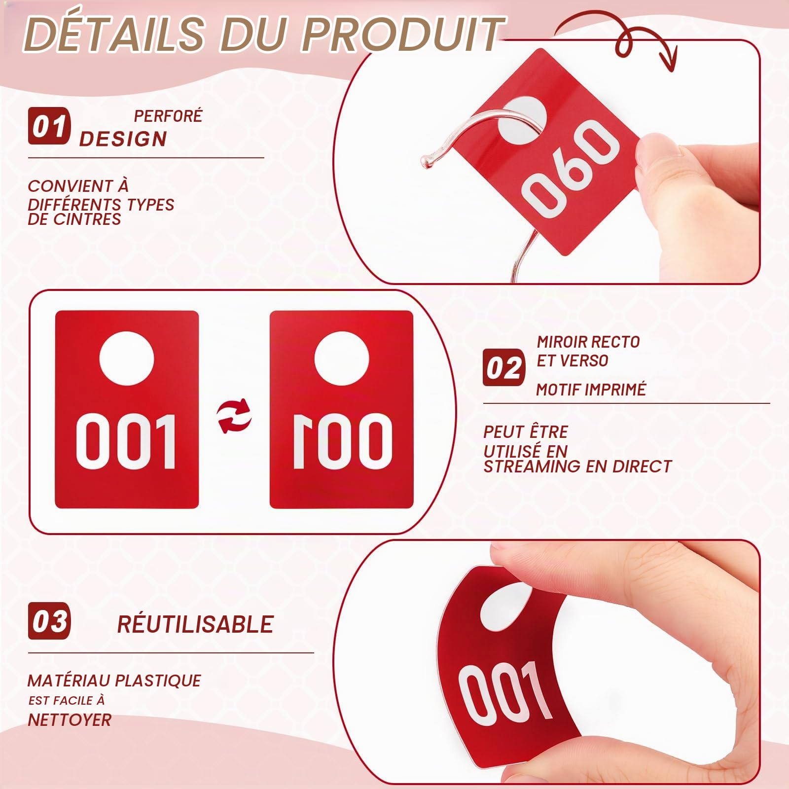 Jetec 1 Set de Tickets de Vestiaire Numérotés de 1 à 200, Jetons Numérotés en Plastique, Impression Recto Verso avec Motifs Normaux et en Miroir, Billets de Tombola pour Événements en Direct (Rouge)