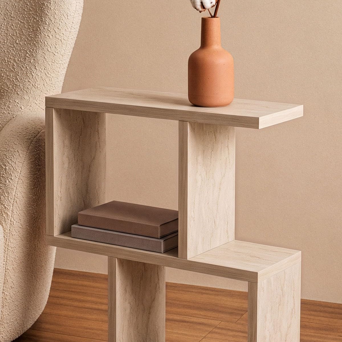 Hanah Home Élégante Table latérale, Travertine, 45 x 51,4 x 17 cm, 100% mélamine, épaisseur 18 mm, Design élégant en marbre pour espaces Modernes