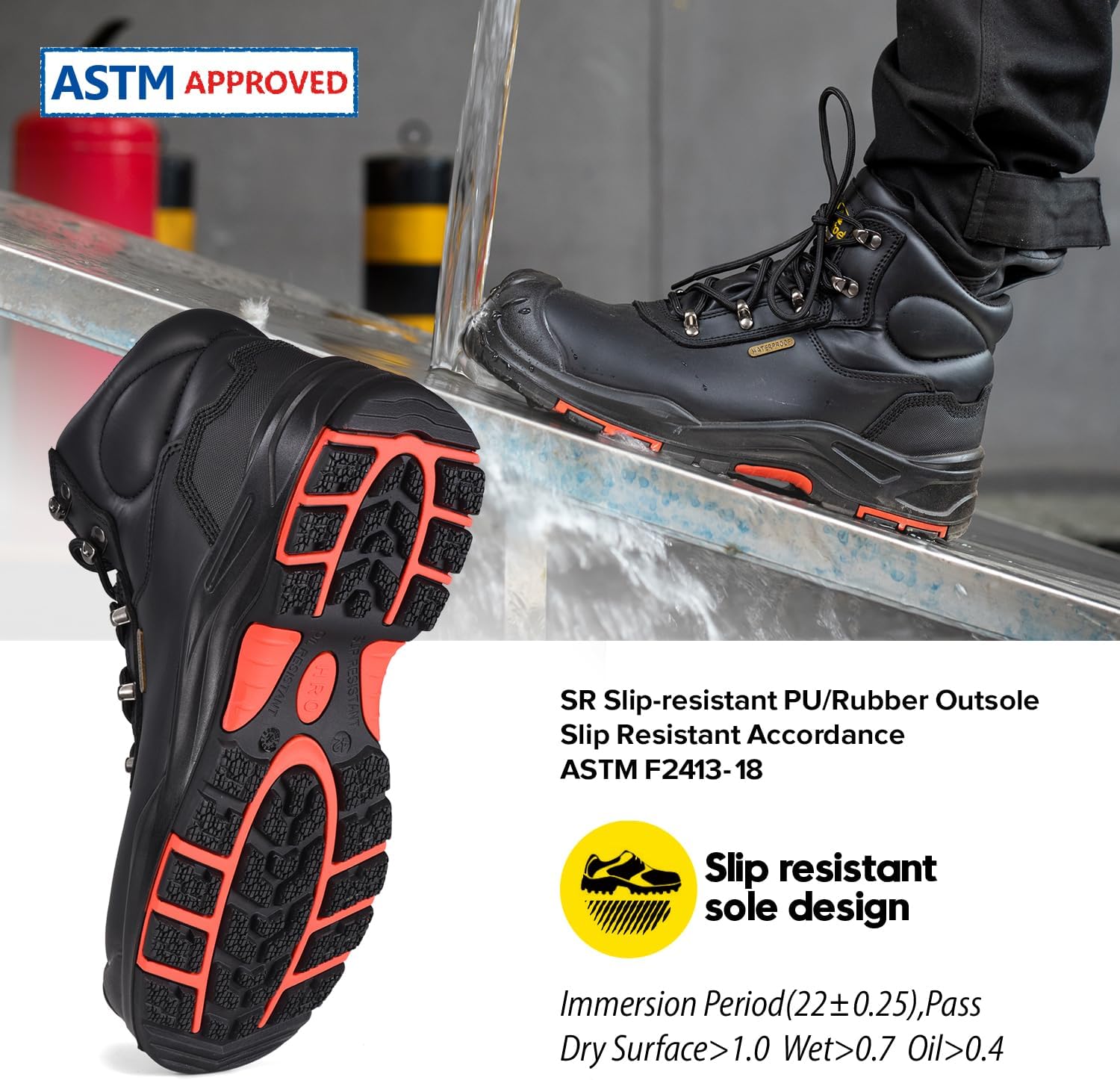 Safety Boots for Men Waterproof Work Boots Cow Leather Slip On Composite Toe Cap Work Shoes Wide Fit