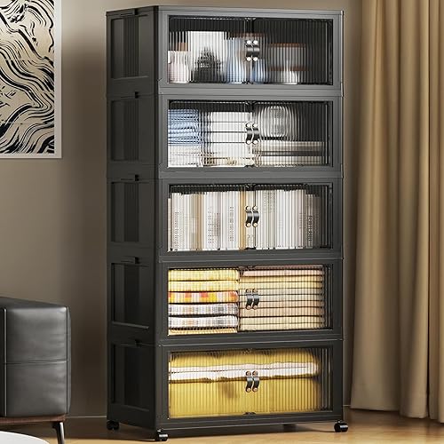 SAILUN 635Qt Extra Large Stackable Storage Bins Folding Collapsible Storage Bins with Lid, Closet Organizers and Storage Box with Door Black 28" W x 17" D x 75" H