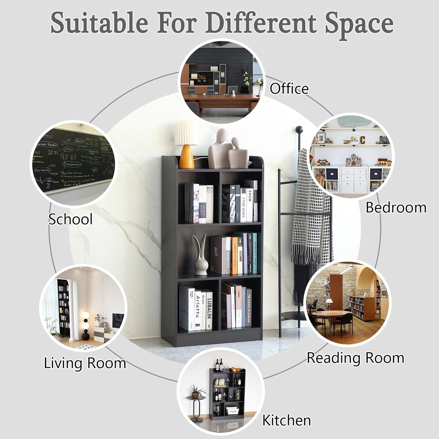 Book Shelf with Back Panel Stability 5 Cube Bookcase Multifunctional Cube Storage Organizer Shelf for Bedroom Living Room Office Closet School in Black with 23.62''W