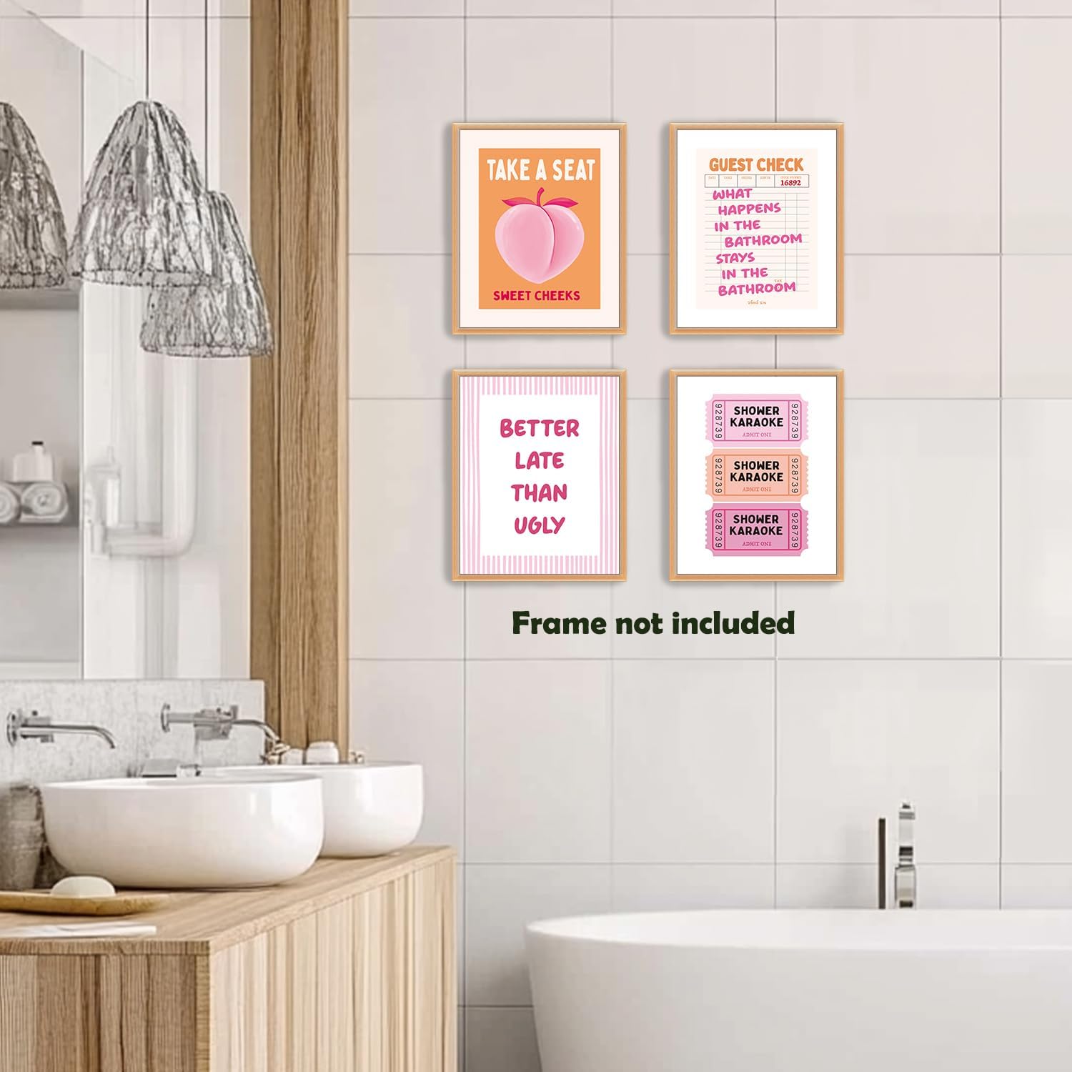 Pleonox Pink Funny Bathroom Canvas Wall Art Prints 8x10 Inch Set of 4, Trendy Retro Peach Guest Check Sweet Cheeks Shower Karaoke Preppy Pictures Wall Decor for Girls Bathroom Bedroom, Unframed image 4