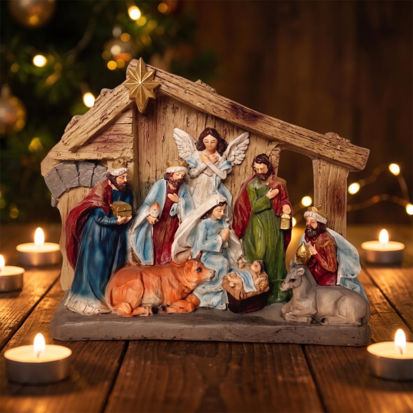 rockible Presepe con Capanna Natalizio Presepe da Tavolo Rustico Decorazione per Collezionisti