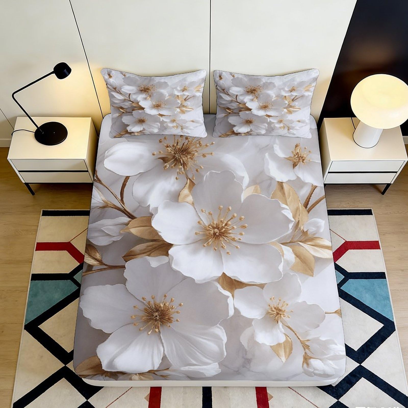 3D Printed White Blossom Fitted Sheet Microfiber Non-Slip Bed Cover Beige Flower Pattern for Bedroom Guestroom Décor 120x200x25cm