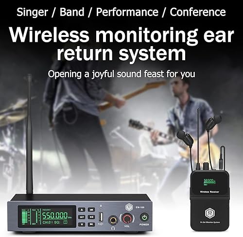 Miniatura 2 de EM100 UHF Wireless in Ear Monitor System 1 Channel 1 Bodypacks Mono IEM System para músicos, utilizado para escenario, banda, estudio de grabación y