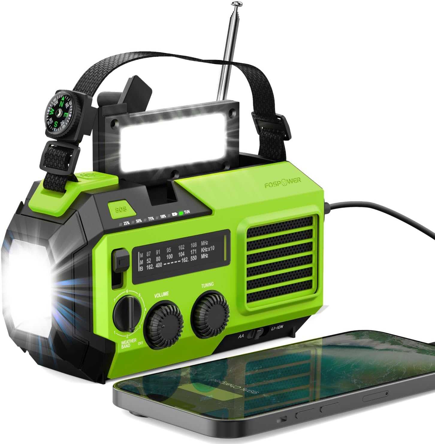 5200mAh Emergency Radio (Model A6) NOAA Weather Alert Radio & Power Bank with IPX3 Rating, Solar Charging, Hand Crank, SOS, AM/FM/WB & LED Flashlight for Emergency Kit, Power Outages - Green