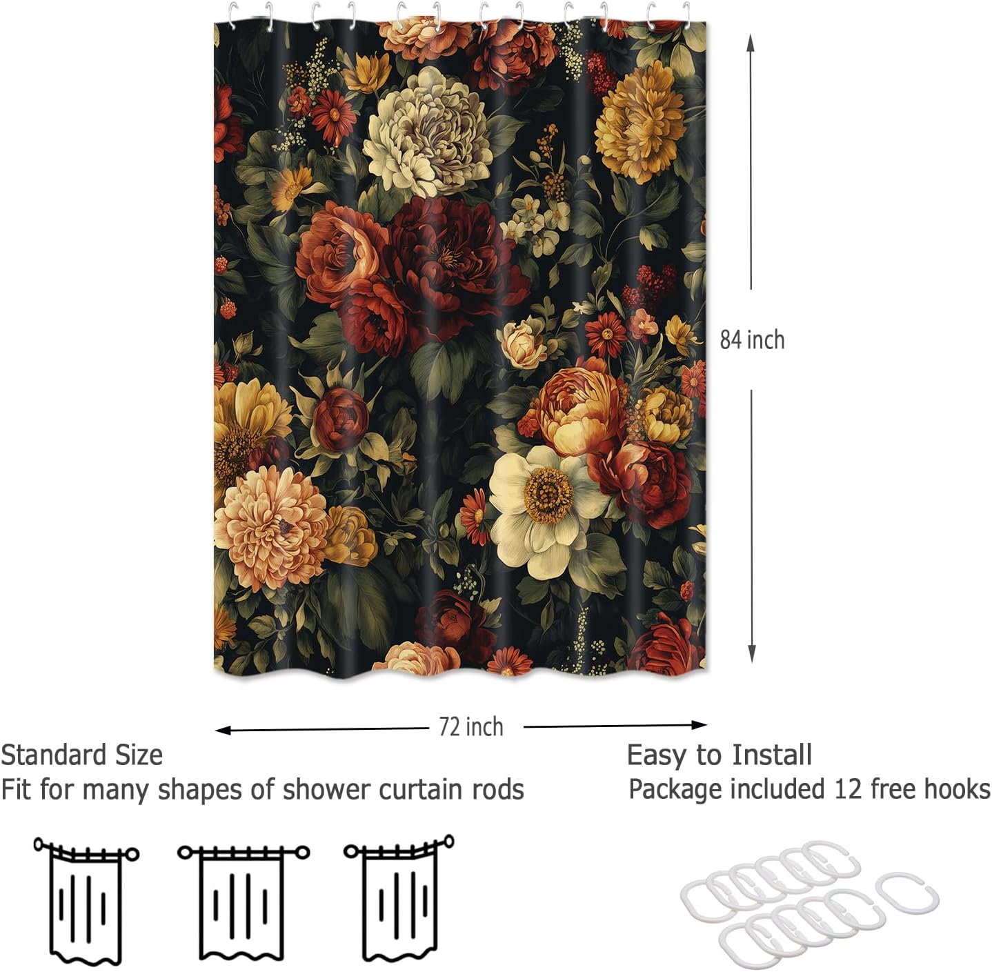 Black Floral Shower Curtain, Boho Vintage Dark Flower Bloosom Rose Plants Bathroom Curtain, Polyester Fabric Waterproof Bathroom Set with 12 Hooks 72x84 Inch