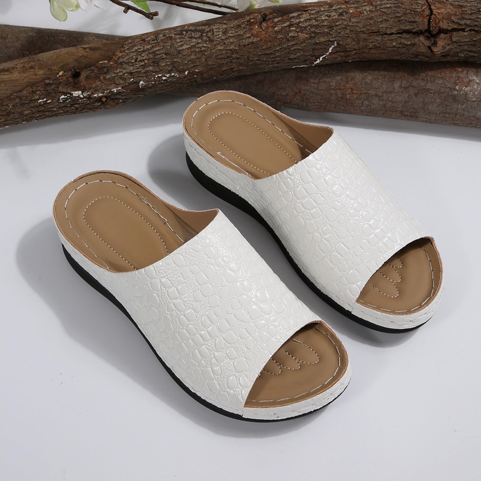 Pantofole estive da donna, vestibilità ampia, pantofole da donna in pelle, comode pantofole con morbido tessuto in pelle, bocca di pesce, fondo spesso, antiscivolo, leggere, con supporto per arco