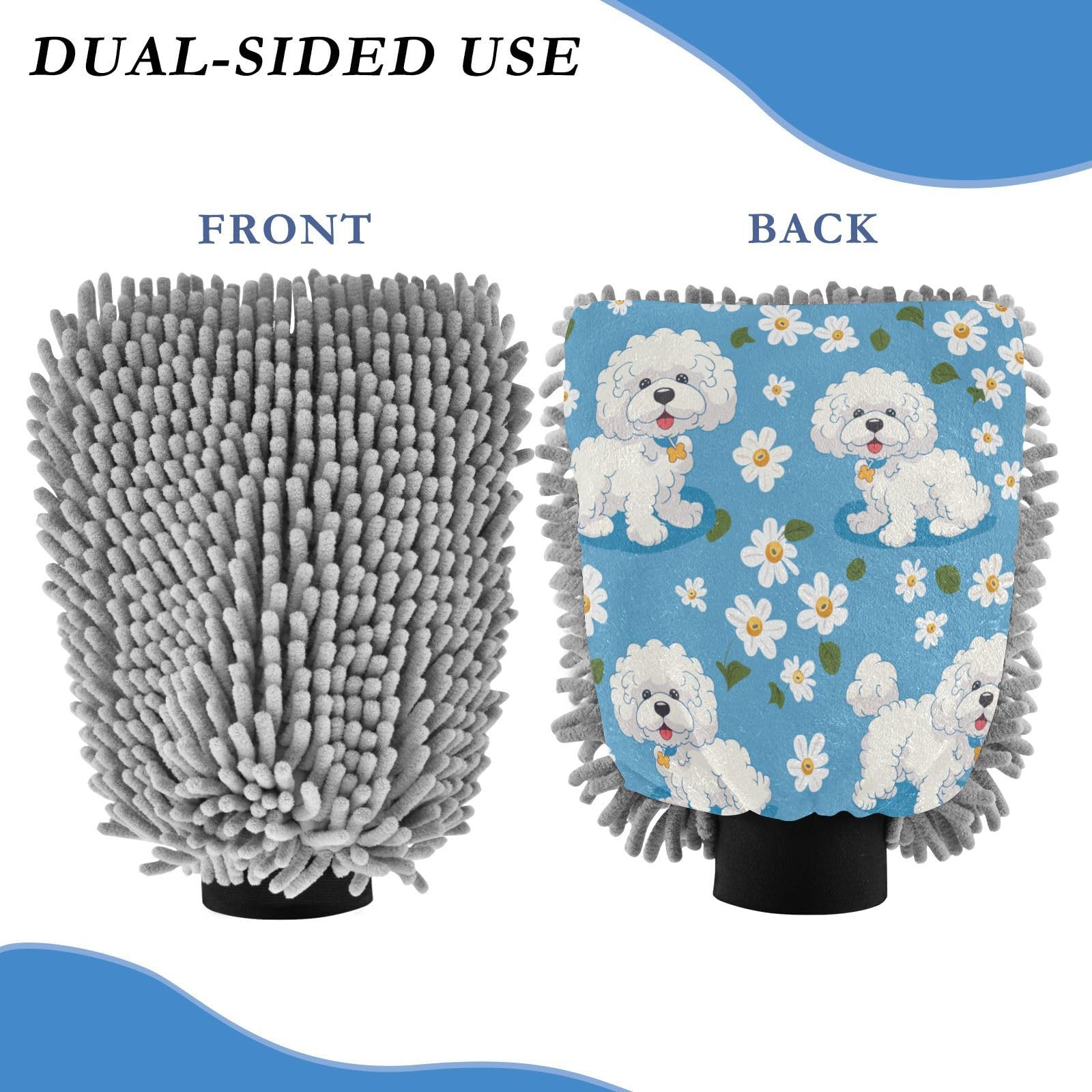 ALAZA Cute Dog Puppy Daisy Car Wash Mitt Scratch Free, 2 Pack Absorbent Microfiber/Chenille Washing & Drying Mitts, L