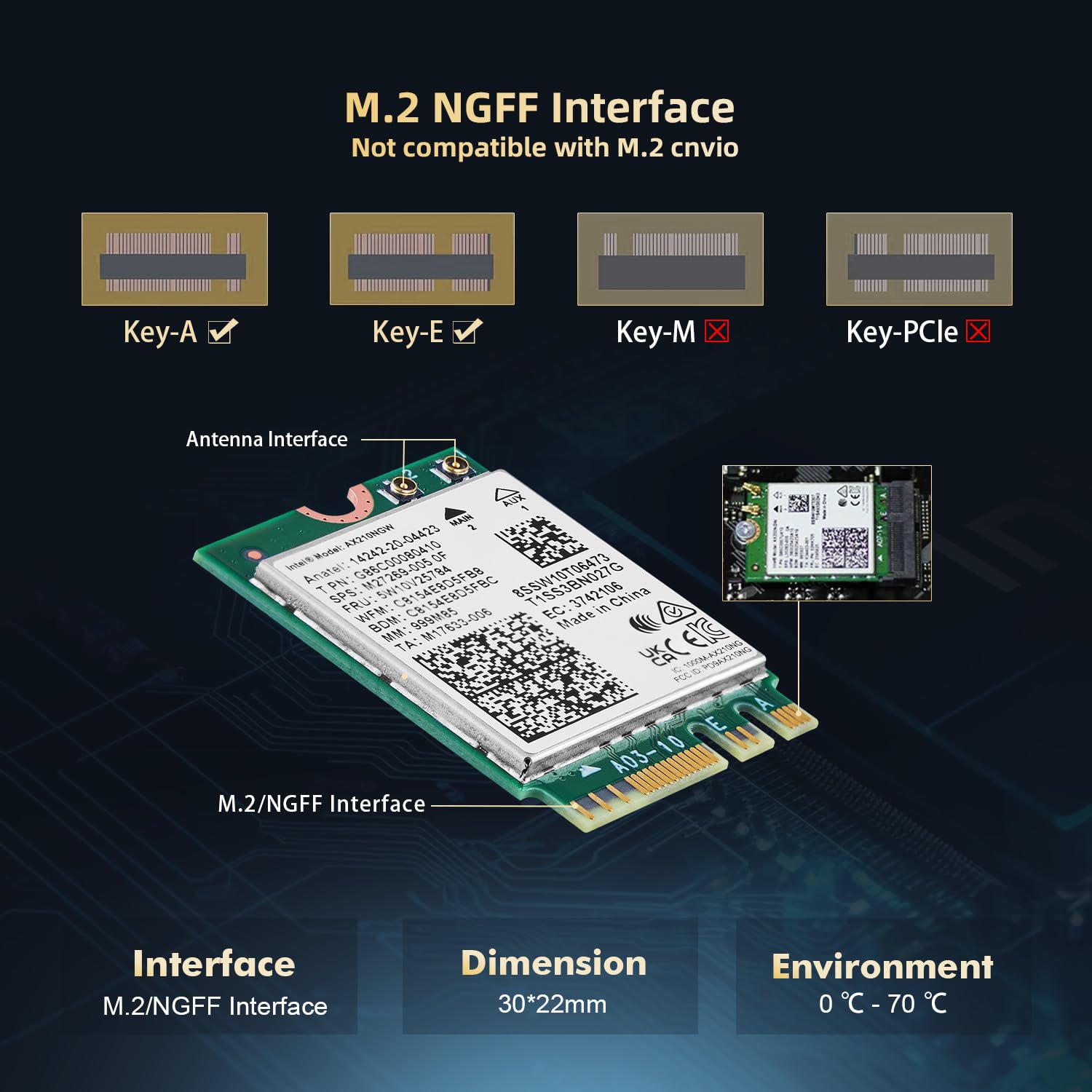 Zunate Scheda WiFi AX210NGW M.2 Per Laptop – WiFi 6E Tripla Banda (2.4/5/6 GHz) Fino A 2400 Mbps – Bluetooth 5.3 E Sicurezza WPA3 – Compatibile Win 10/11 64bit - 3
