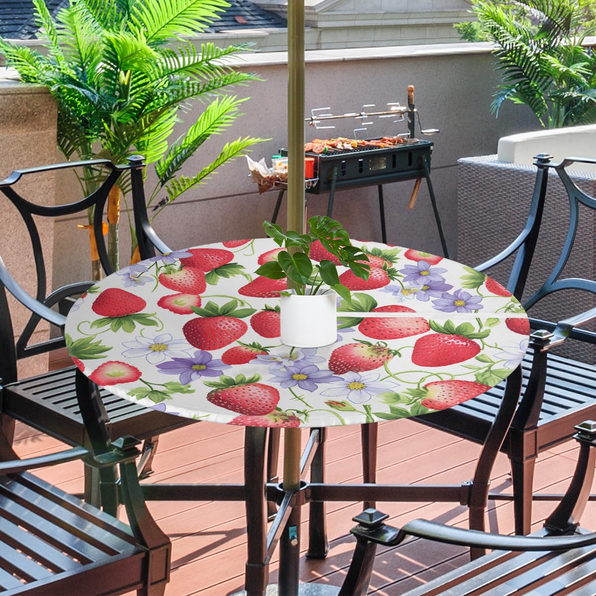 FZDXZJJ Red Strawberry Round Outdoor Tablecloth with Umbrella Hole and Zipper,Flower Floral Fitted Tablecloth Elastic Edge Patio Table Cover for Spring Summer Picnic Party 45