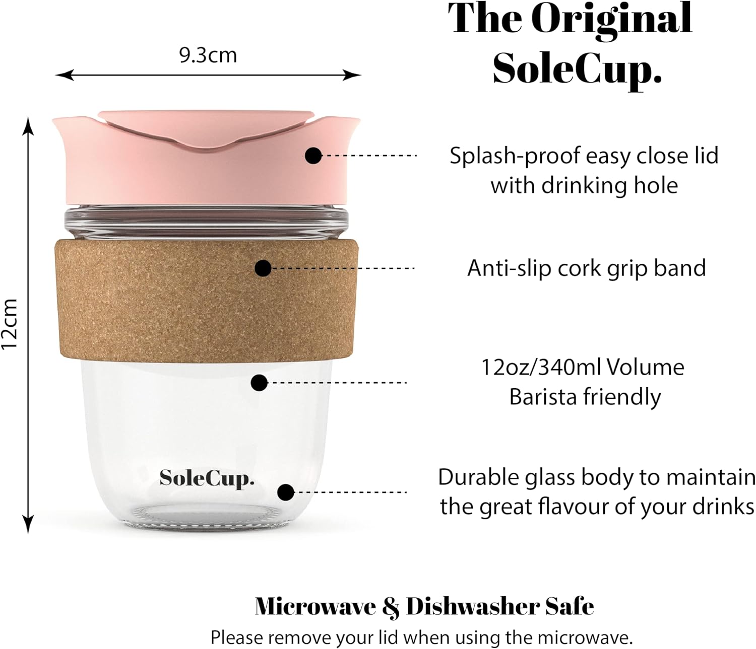 Reusable Strengthened Glass Travel Cup - Spill Proof Insulated Coffee Mug - 12oz/340ml BPA-Free Hot Drink Travel Mug with Lid & Cork Band (Pink, 12oz) - Image 2