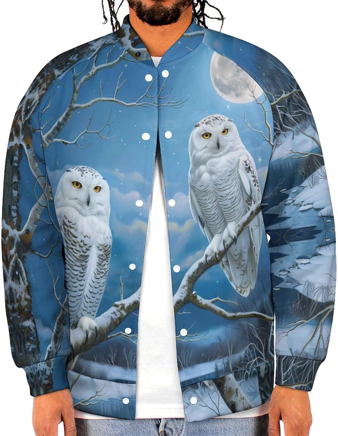 Snowy Wolf Full Moon Novelty Men's Baseball Jackets Causal Sweatshirt Button Top Long Sleeve Coat