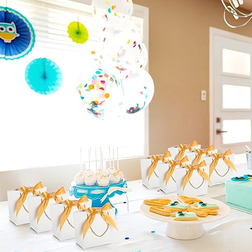 Miniatura 6 de Dicunoy 30 bolsas de regalo con asas, bolsas blancas de recuerdo de fiesta con lazo para bodas, bolsas de cartulina impermeables para mercancía al