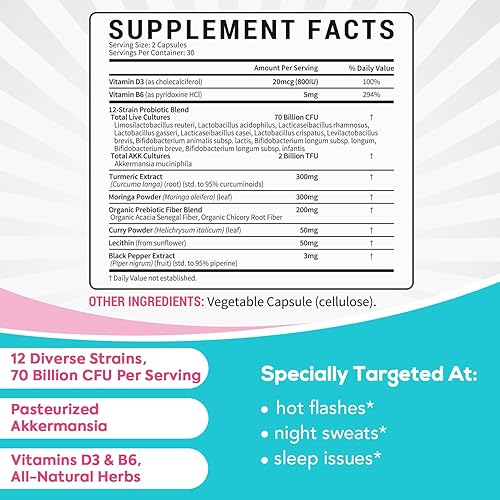 Miniatura 2 de Suplemento probiótico para la menopausia para mujeres, 70 mil millones de UFC, con Akkermansia Muciniphila, vitaminas B6 y D3, botánicos, para